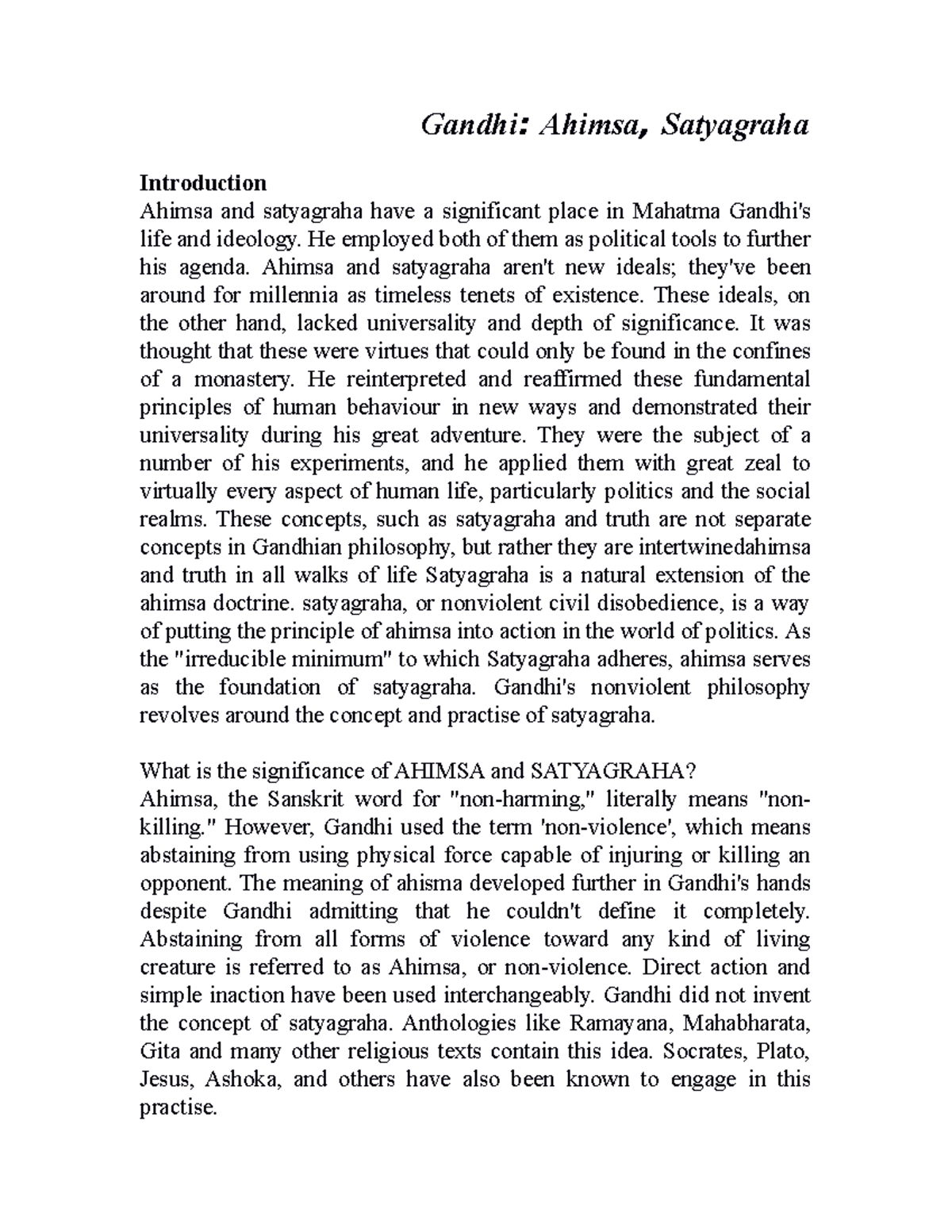 Gandhi's Satyagraha and Ahimsa: Their Ideological Significance - Studocu