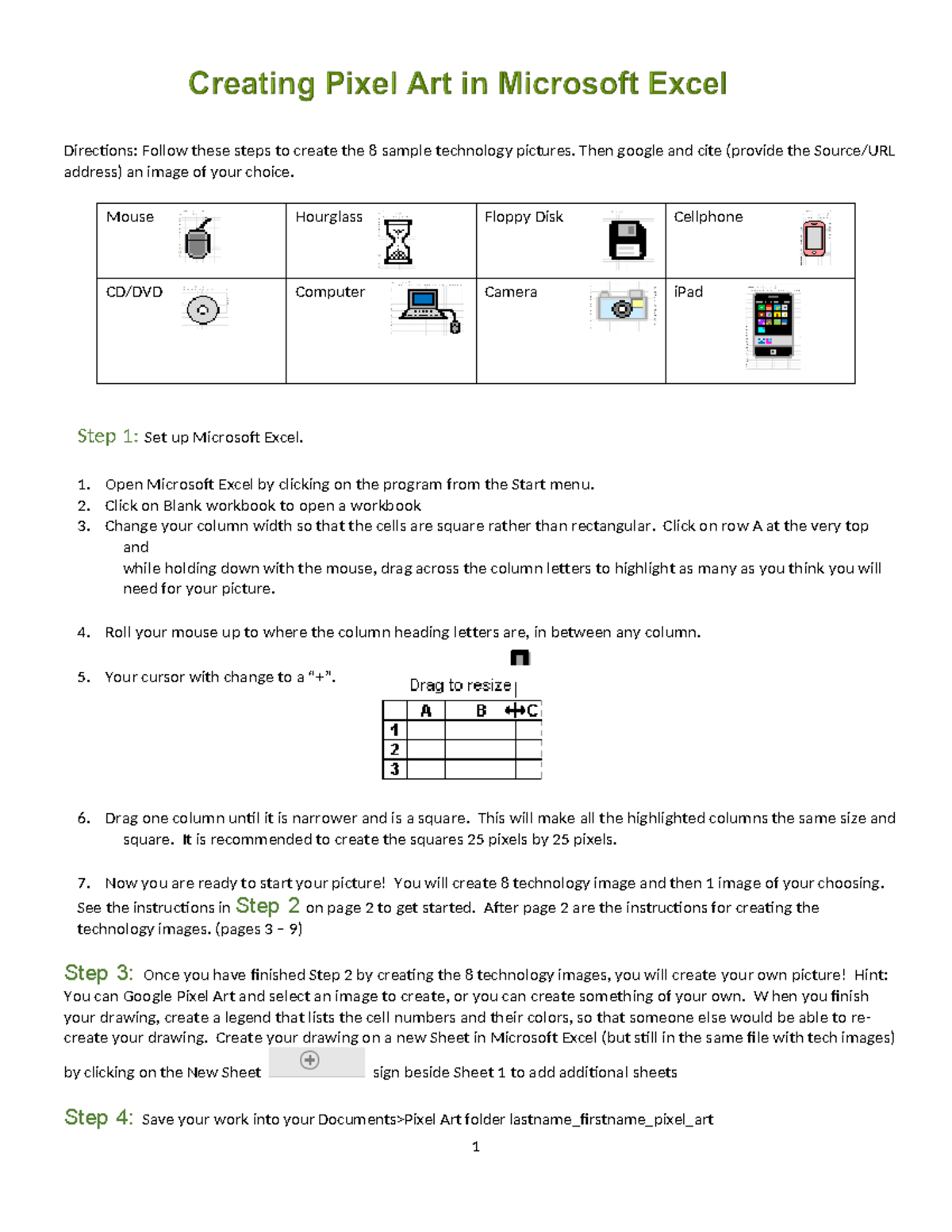 Pixel Art Technology Projects Instructions for Creating Images in Excel ...
