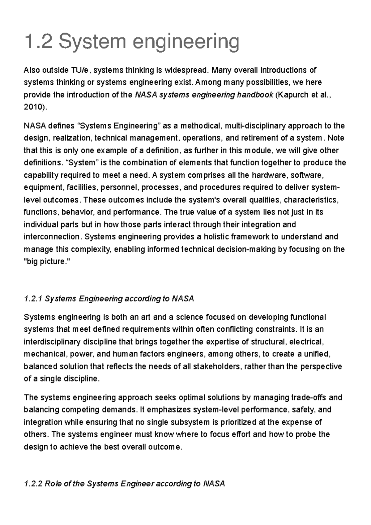 1.2 Systems Engineering Overview - NASA Insights - Studeersnel