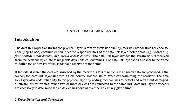Unit 2: Data Link Layer Overview and Error Control Mechanisms - Studocu