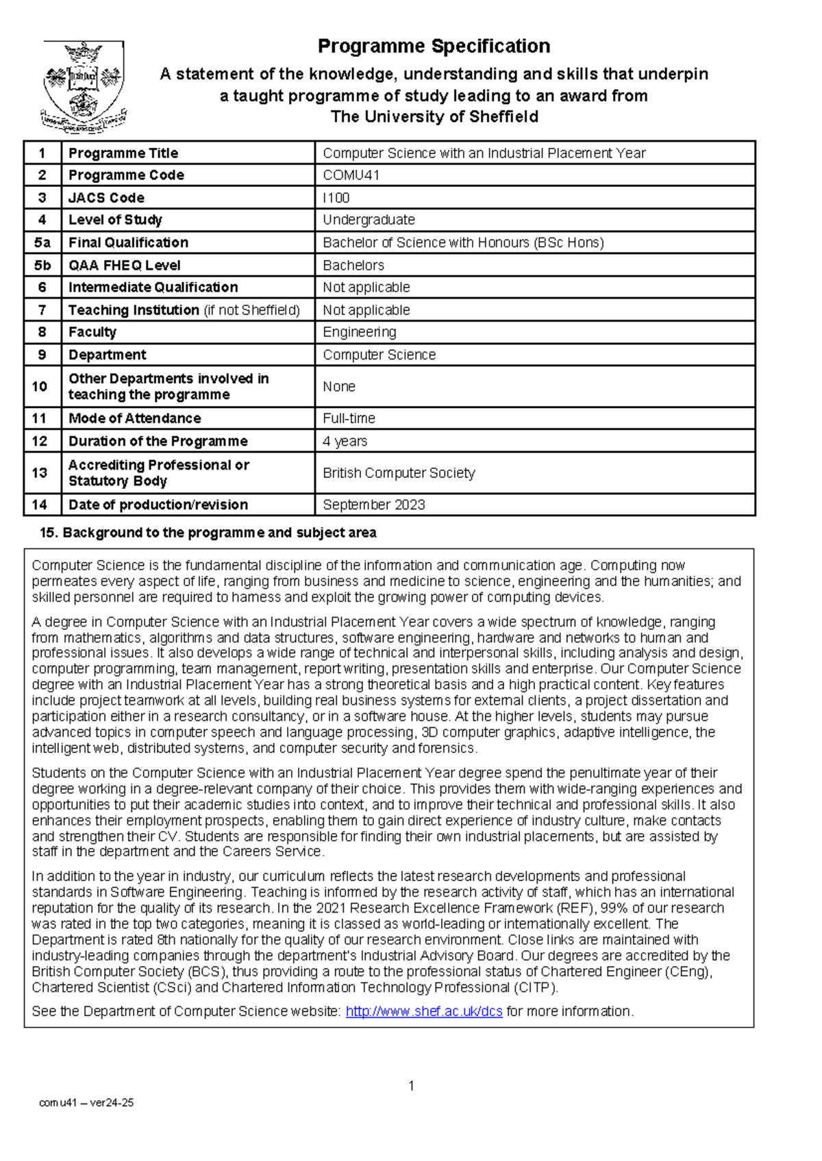 COMU41 - Programme Specification for BSc Computer Science with ...