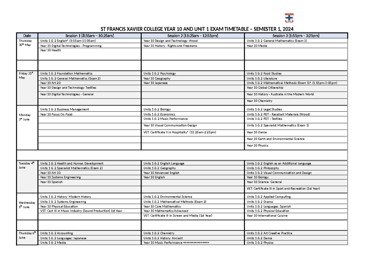 2024 Semester 1 Year 10 & Unit 1 Exam Timetable - Studocu