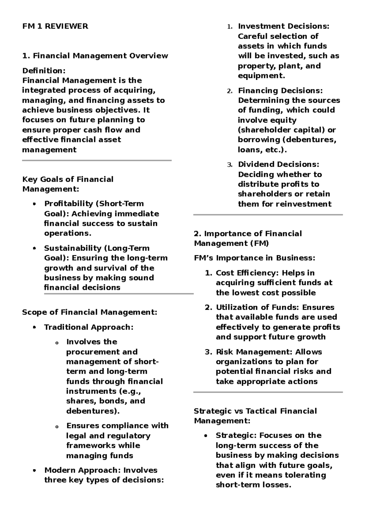 FM 1 REVIEWER: Key Concepts in Financial Management and Exam Prep - Studocu