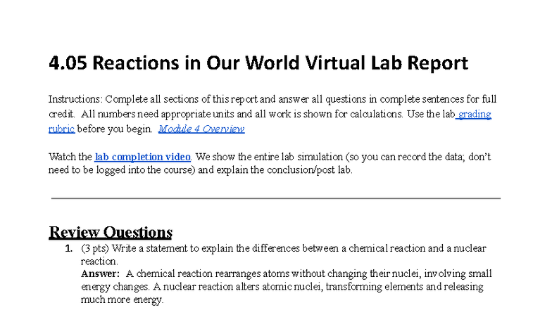 4.05 Virtual Lab Report: Exploring Reactions in Our World - Studocu