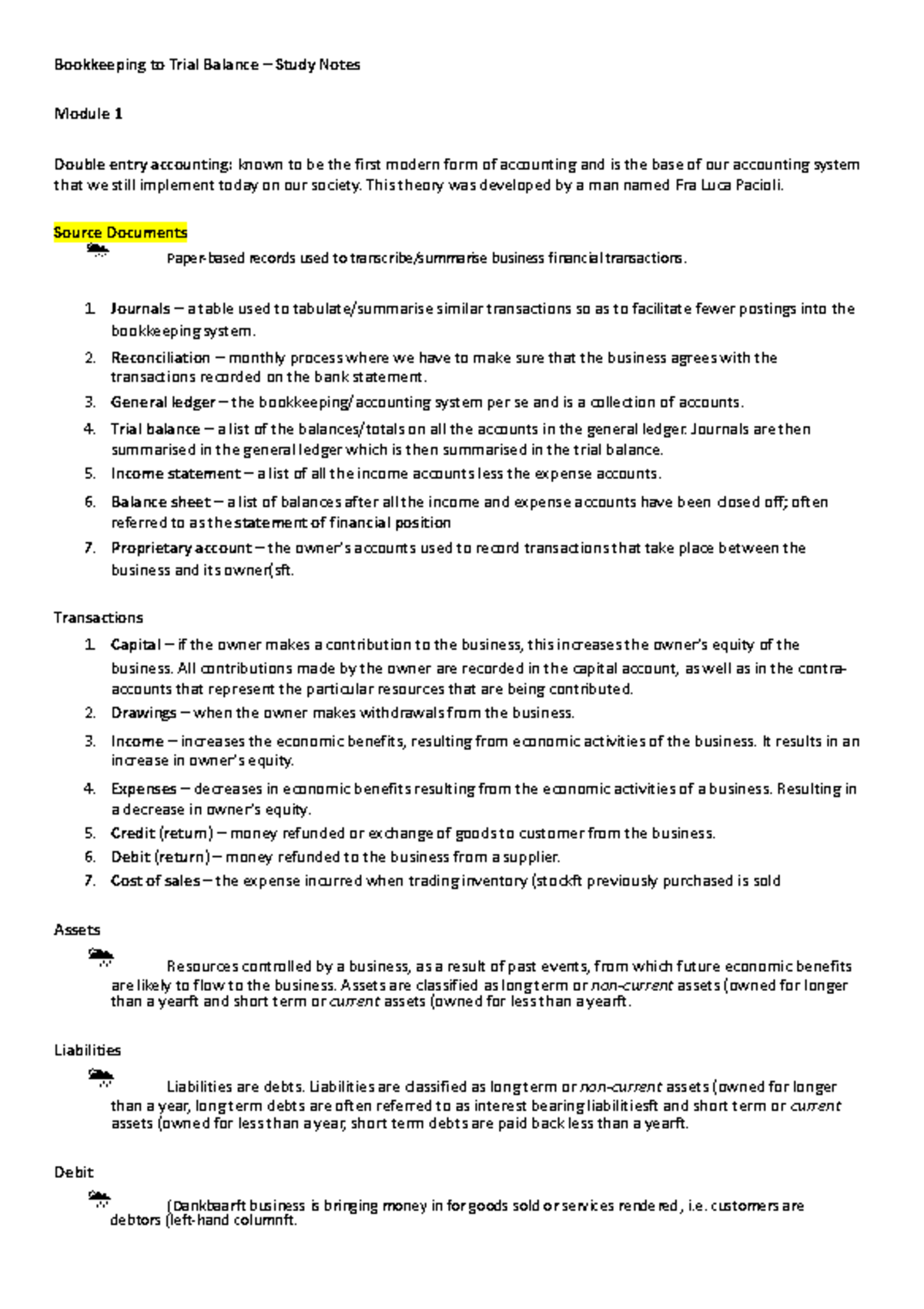 Bookkeeping to Trial Balance - Study Notes for Module 240805 - Studocu