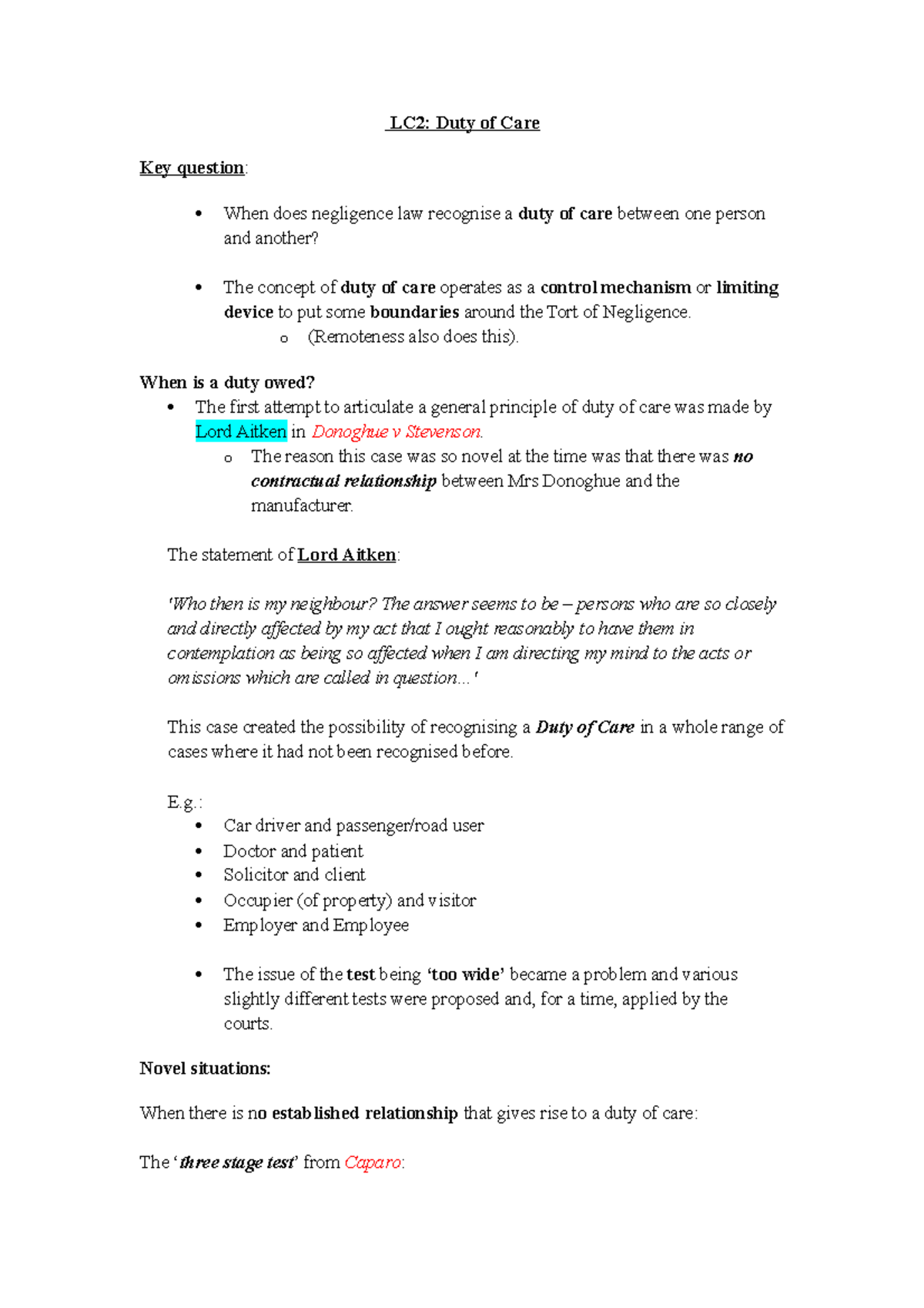 Duty of Care Tort Law - Lecture notes 2-3 - LC2: Duty of Care Key ...