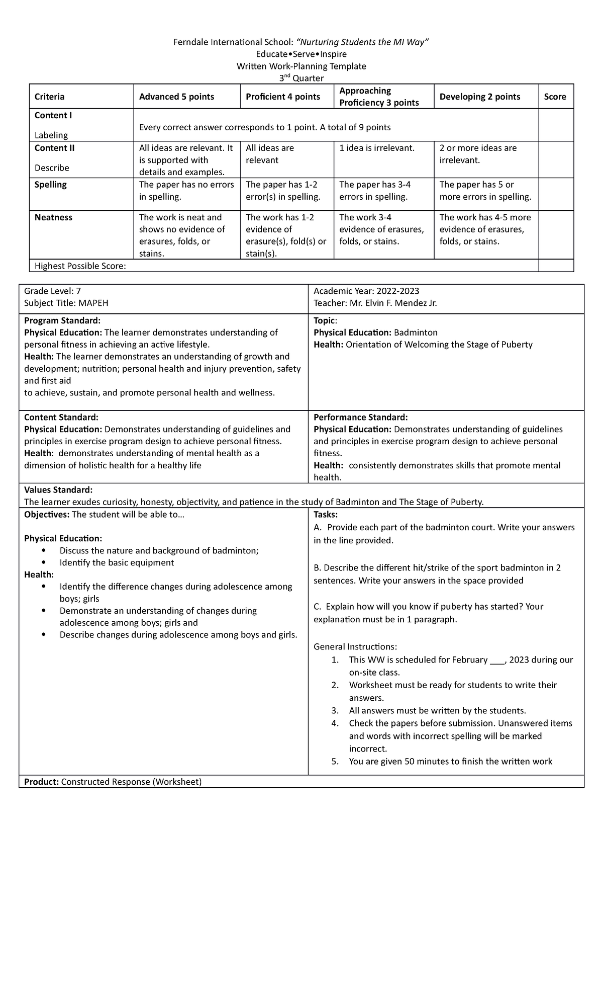 Q3- Mapeh- Written-WORK- Template - Ferndale International School ...