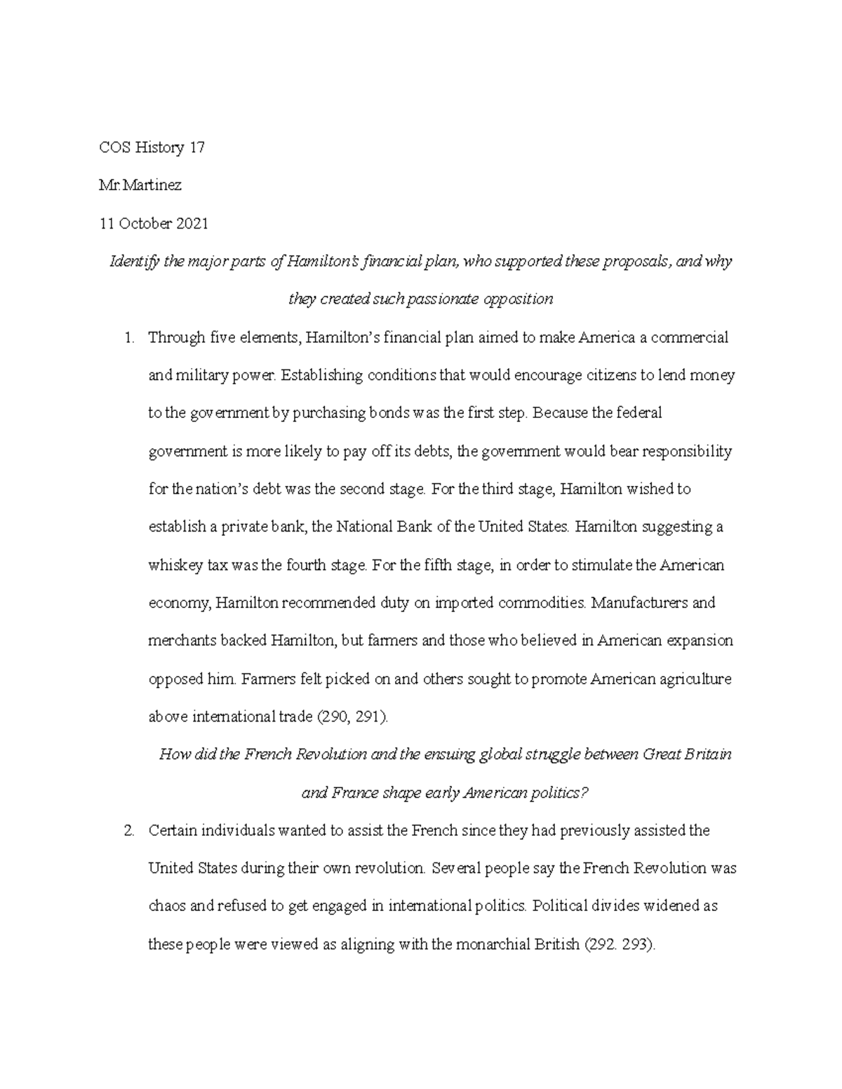 COS History 17: Chapter 8 Lecture Notes on Hamilton & Early U.S ...