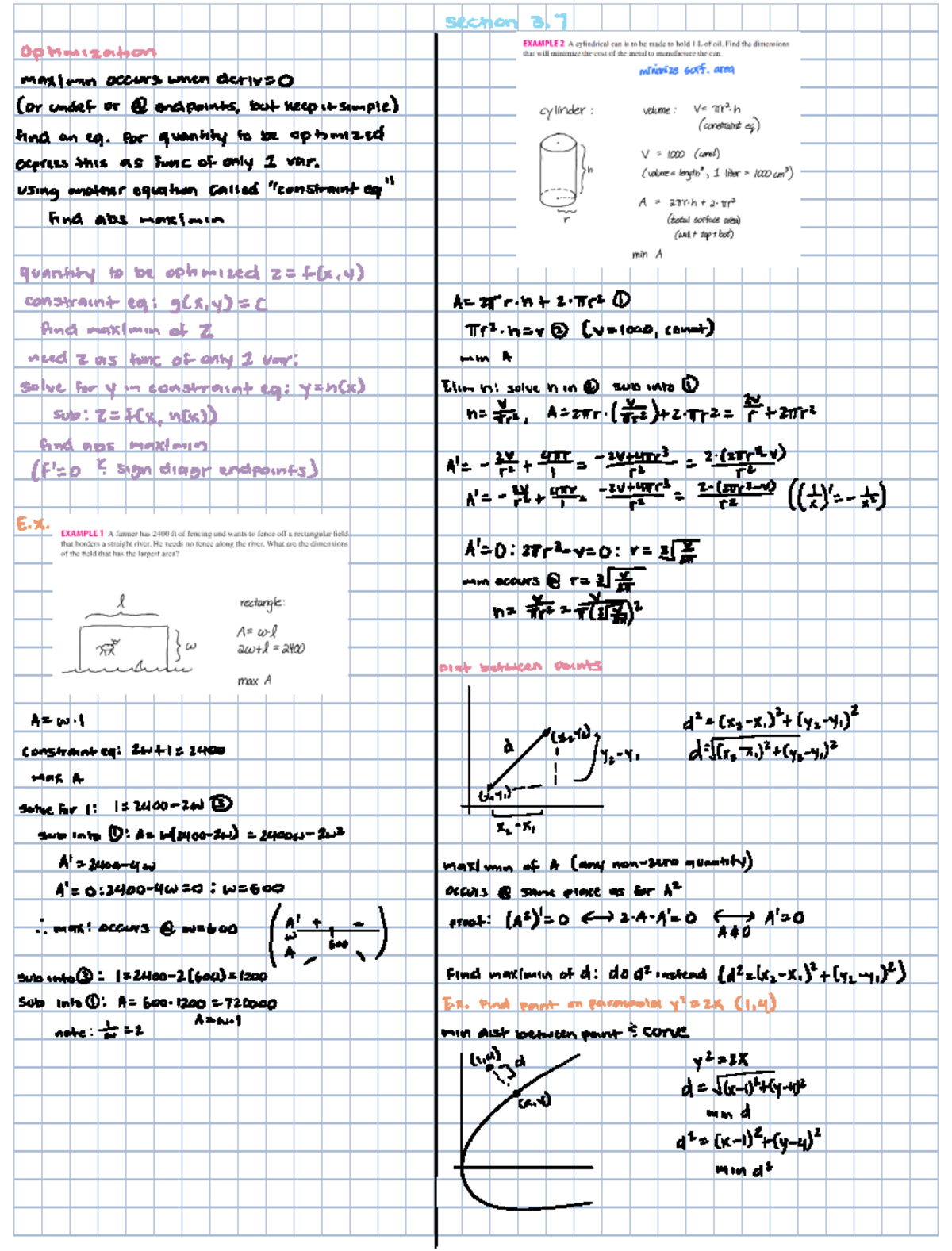 Optimizing Functions and Calculus Concepts: Final Review Notes (MATH ...