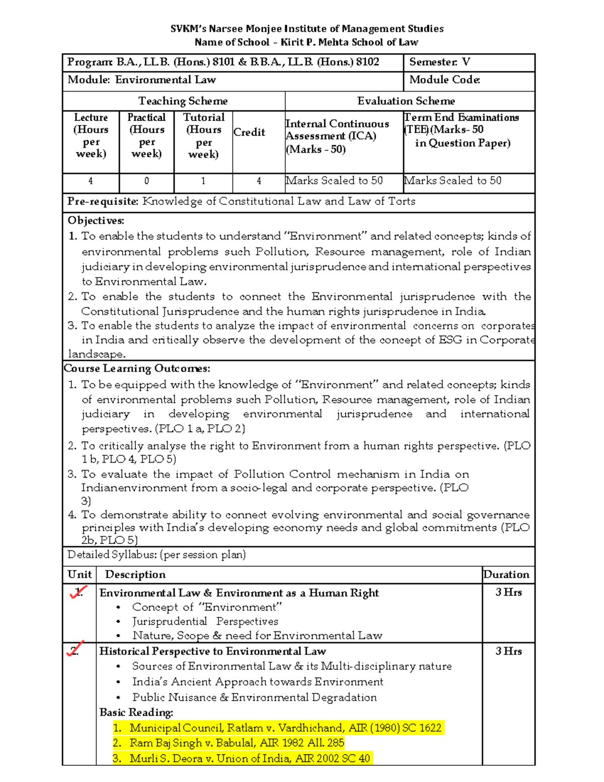 Sem V Environmental Law Lecture Notes - B.A., LL.B. 8101/8102 - Studocu