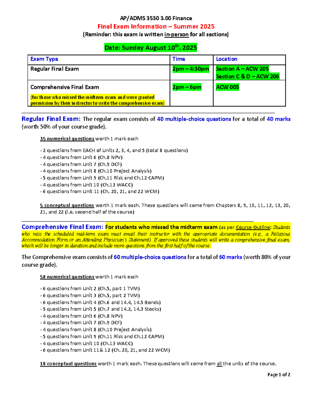 ADMS 3530 Finance Final Exam Details Summer 2025 - Studocu