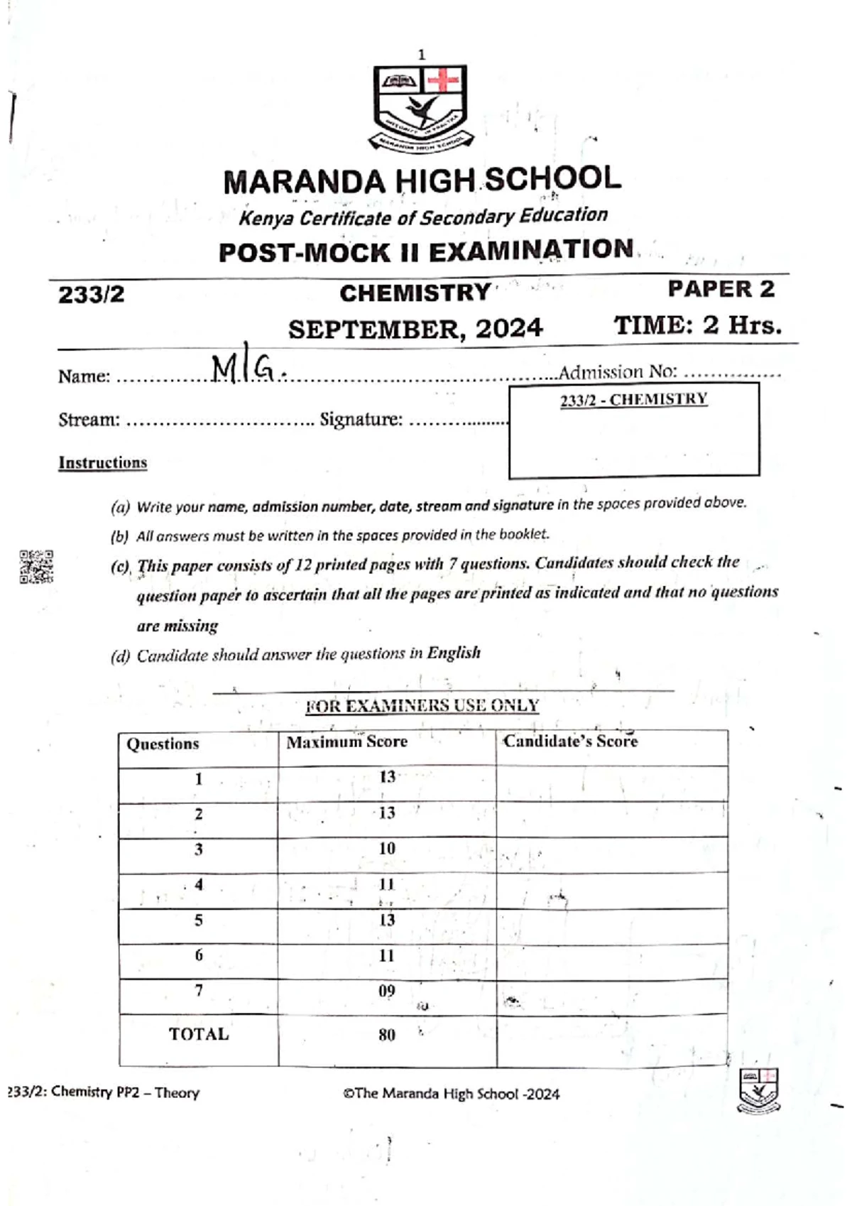 Maranda High School Chemistry Paper 2 Questions - KCSE 2024 - Studocu