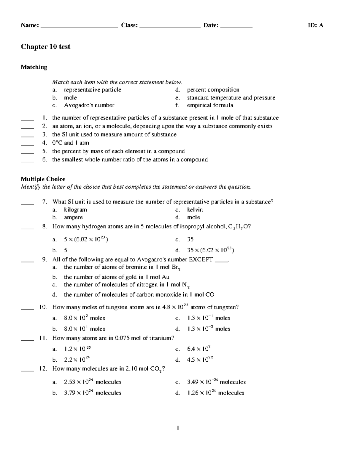 Chapter 10 Test - Chemistry Concepts and Questions - Studocu