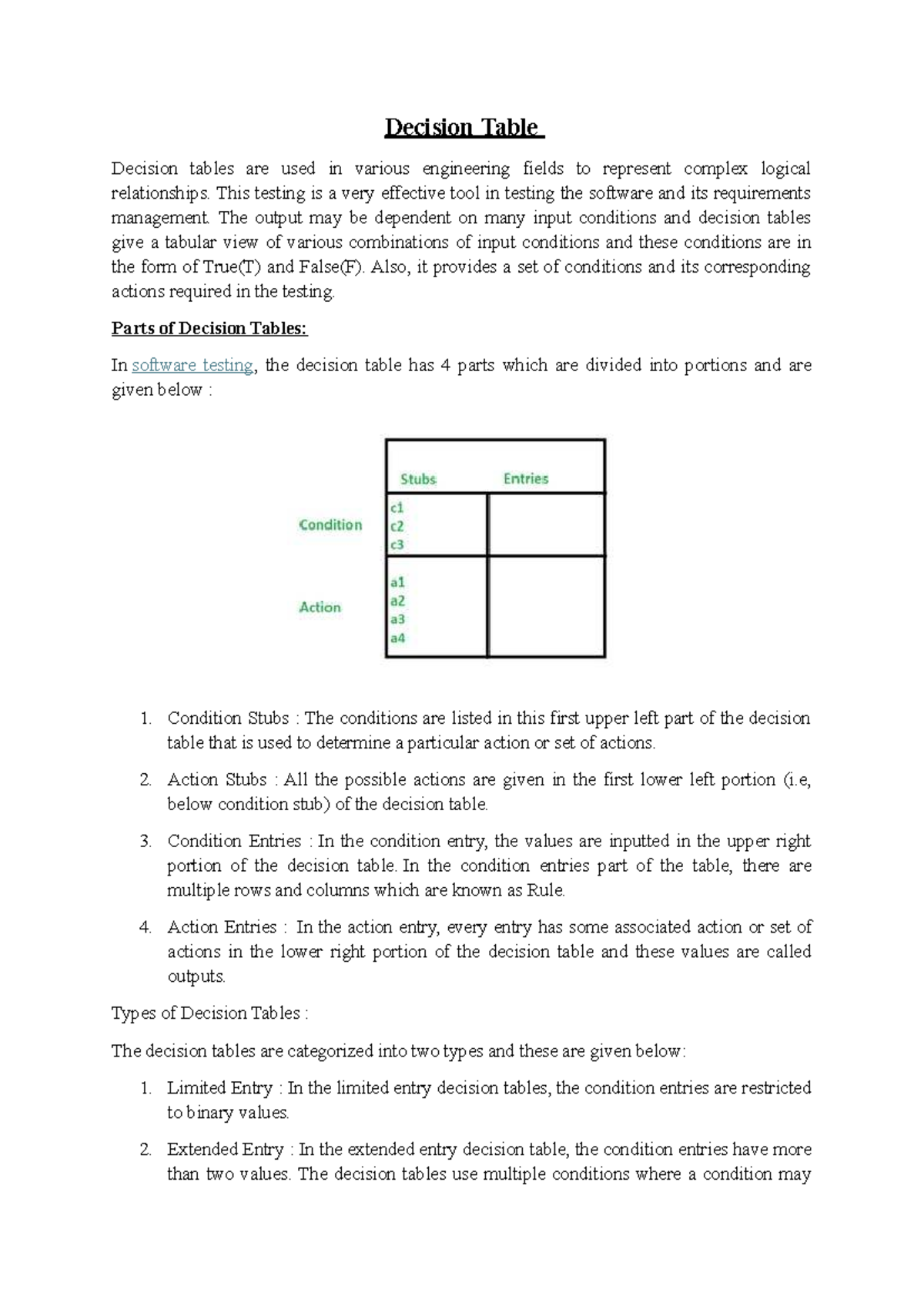 Decision table for software testing and logical relationships - Studocu