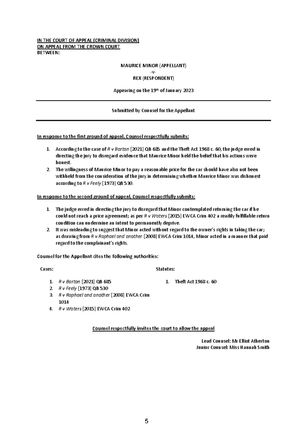 Exemplar Skeleton Argument - IN THE COURT OF APPEAL (CRIMINAL DIVISION ...