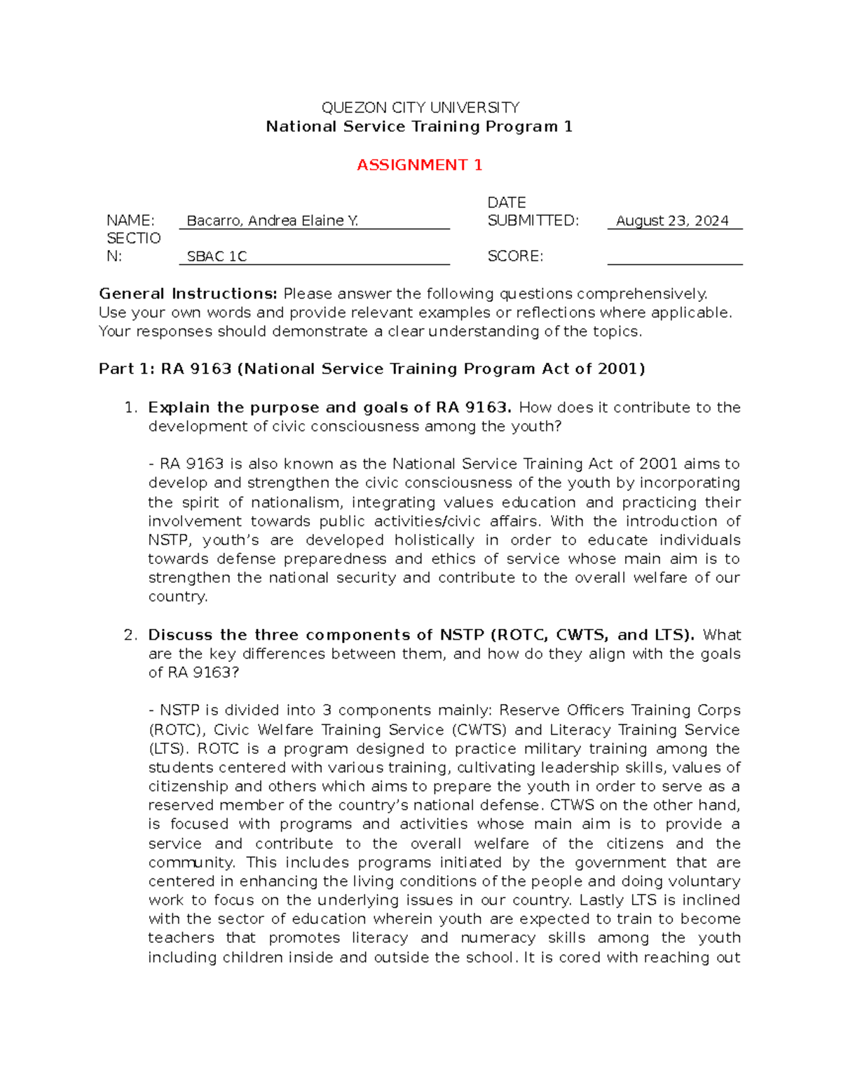 SBAC1C Bacarro Assignment NSTP 1 - QUEZON CITY UNIVERSITY National ...