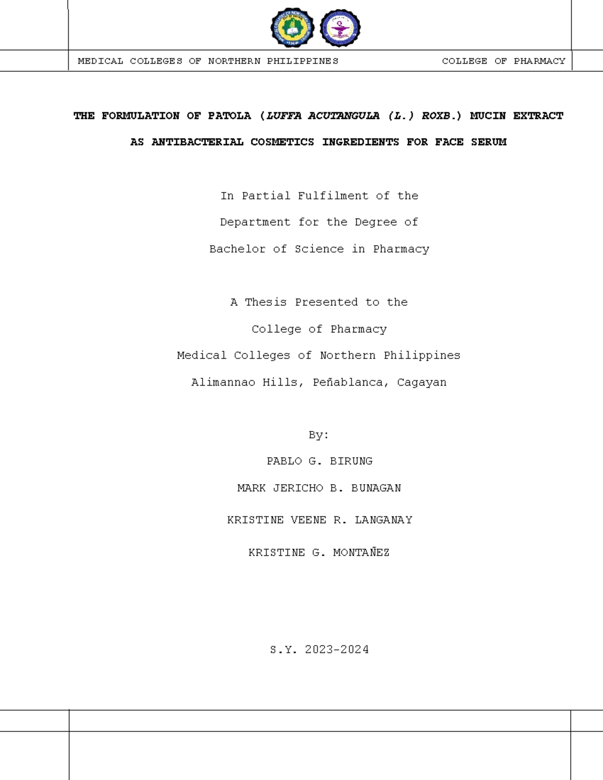 Pharmacy Thesis: Antibacterial Face Serum from Mucin Patola Extract - Document Preview