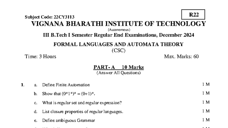 FLAT Set 2 R22: Important Questions for Formal Languages & Automata ...
