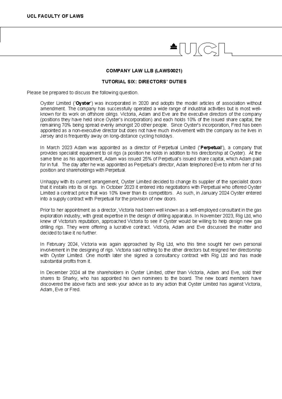 UCL LAWS0021 TUTORIAL 6: COMPANY LAW DUTIES & DIRECTOR CONFLICTS - Studocu