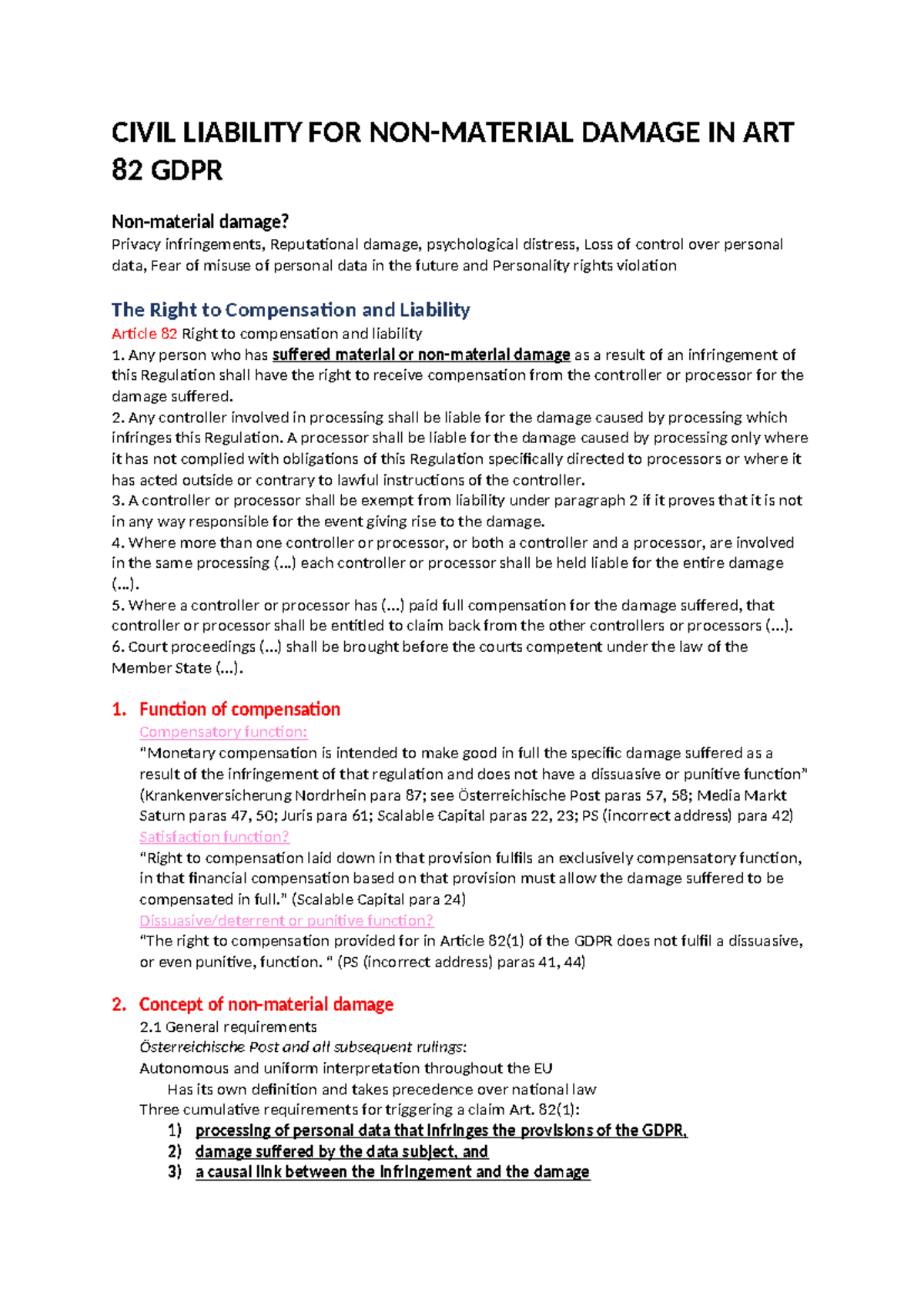 CIVIL LIABILITY FOR NON-MATERIAL DAMAGE UNDER ART 82 GDPR - Studeersnel