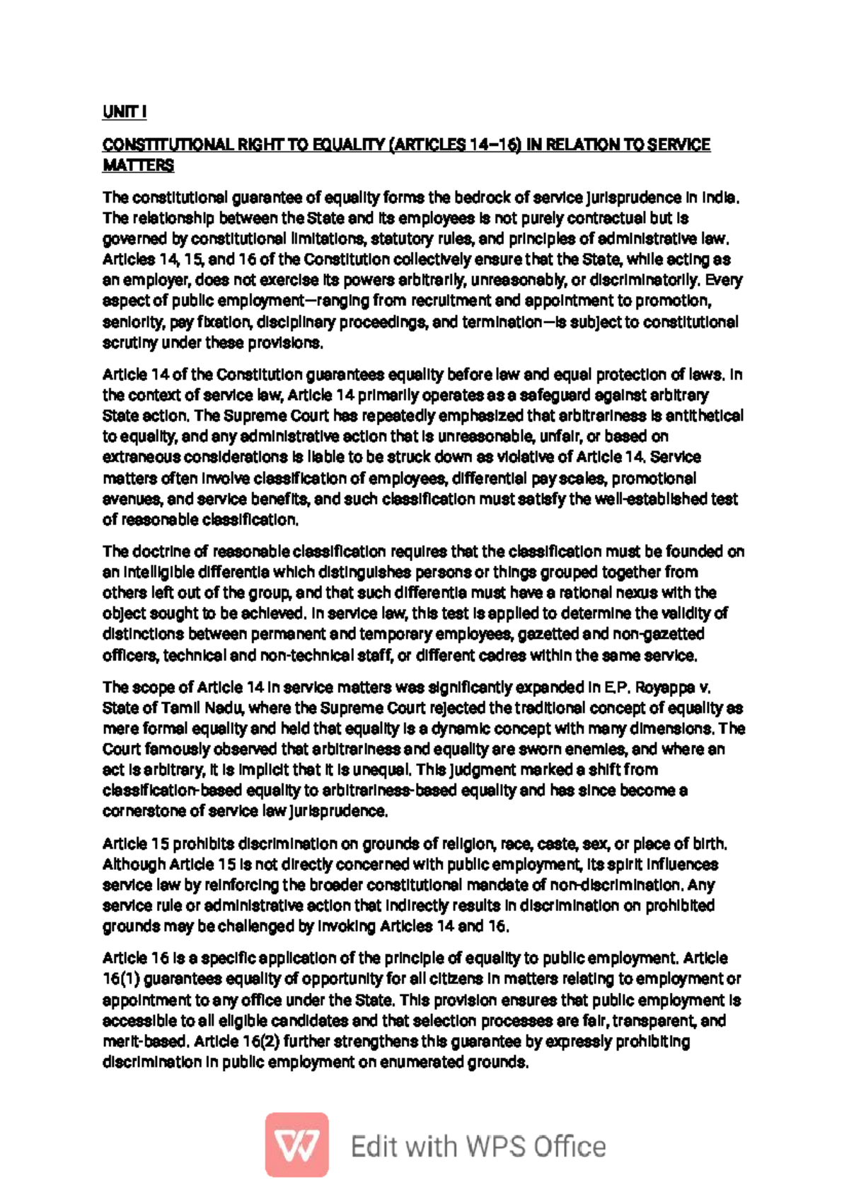 UNIT I: CONSTITUTIONAL RIGHT TO EQUALITY IN SERVICE LAW (ARTICLES 14-16 ...