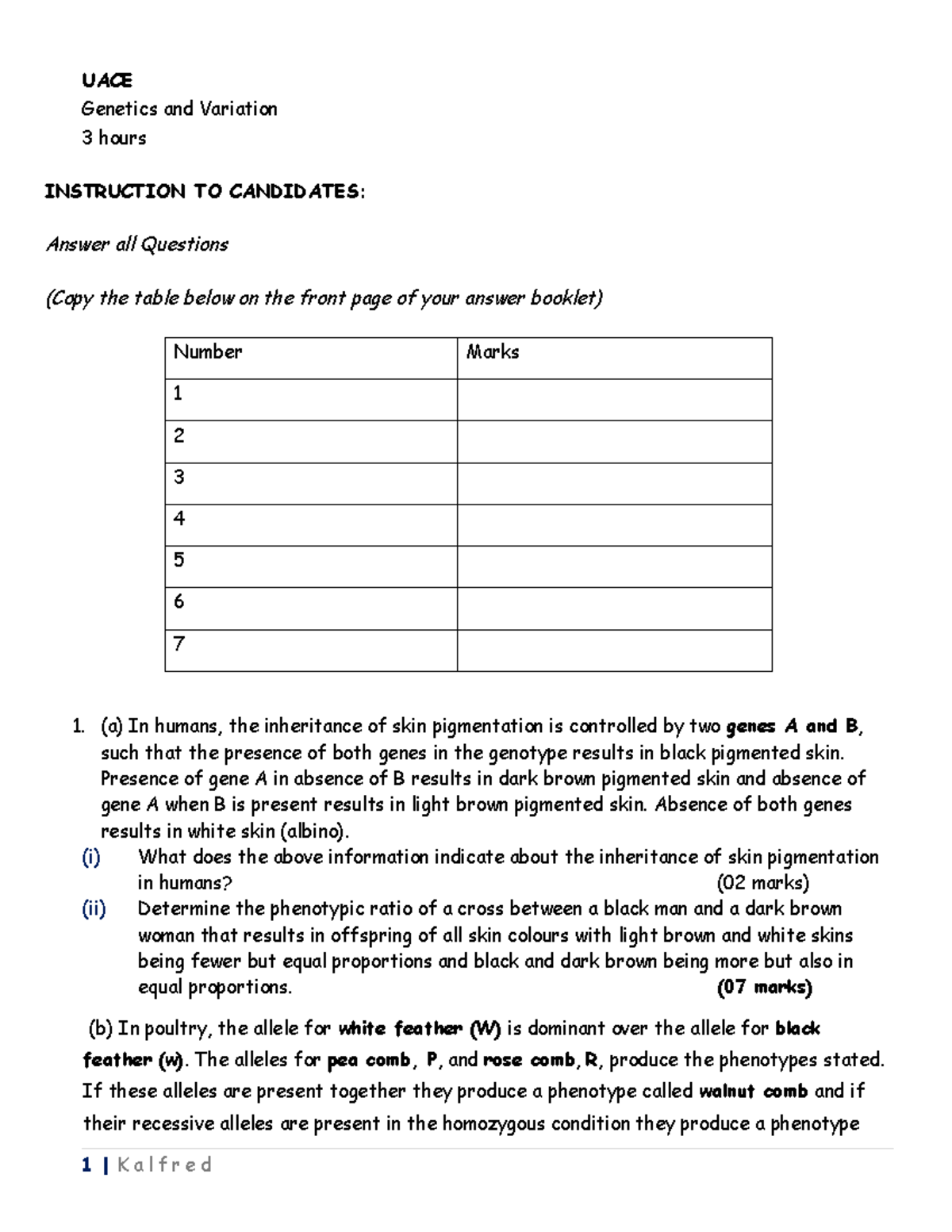 Genetics and variation topical test P2 - UACE Genetics and Variation 3 ...