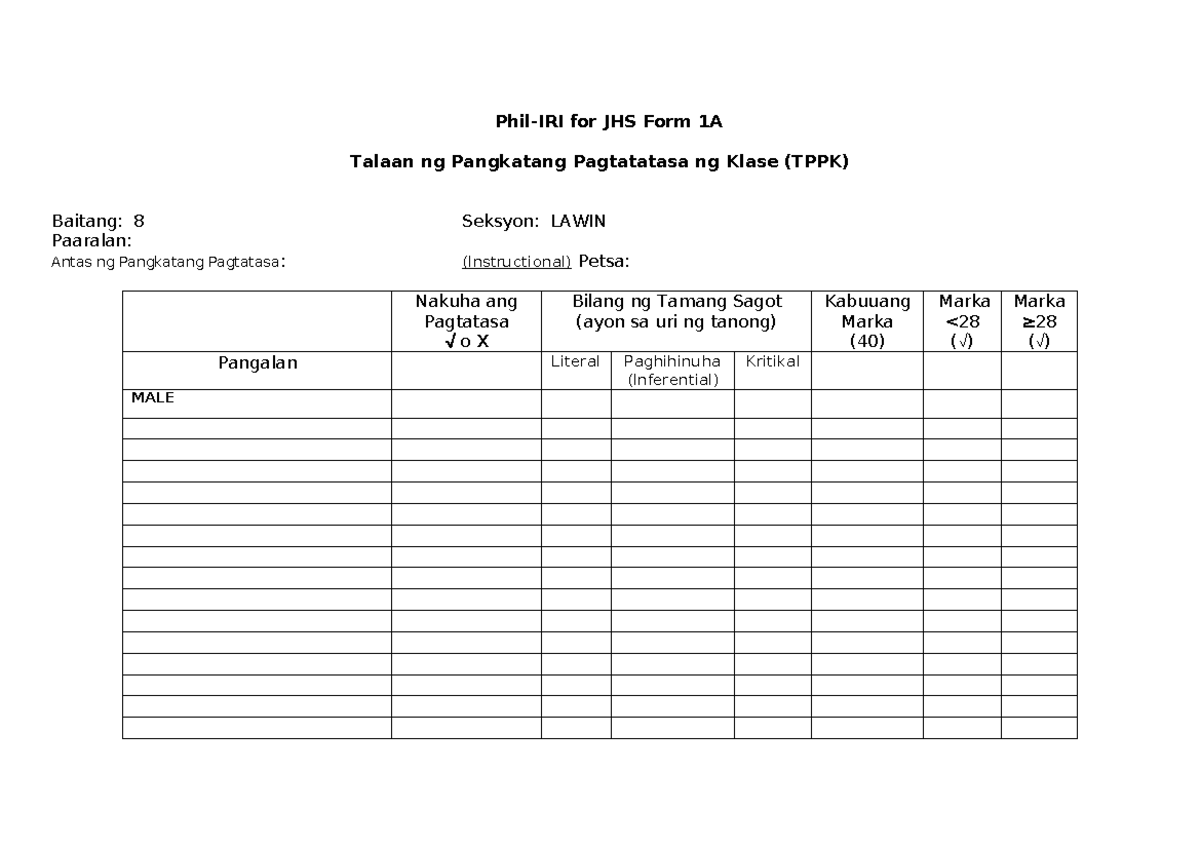 Phil-IRI Screening Test for JHS Form 1A & Form 1B Records - Studocu