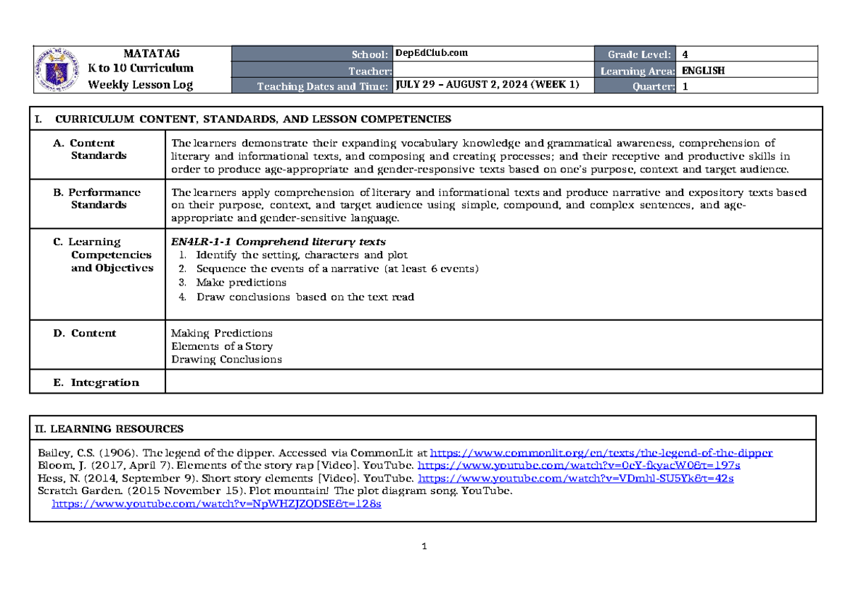 DLL Matatag English 4 Q1 W1: Weekly Lesson Log on Story Elements - Studocu