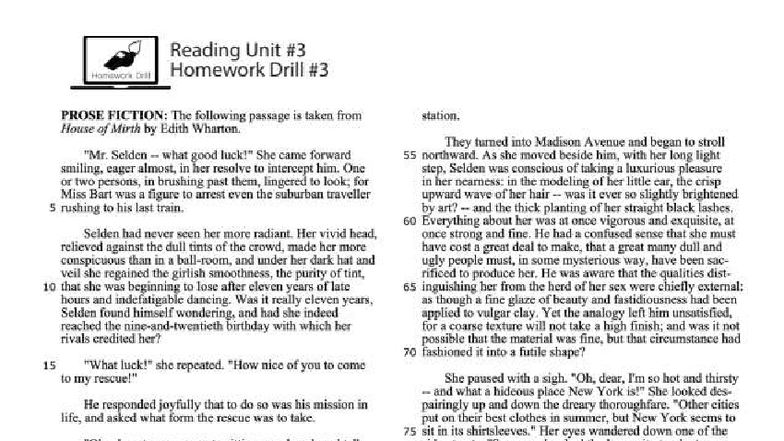 Reading Unit Homework Drill: House of Mirth Analysis (PROSE FICTION ...