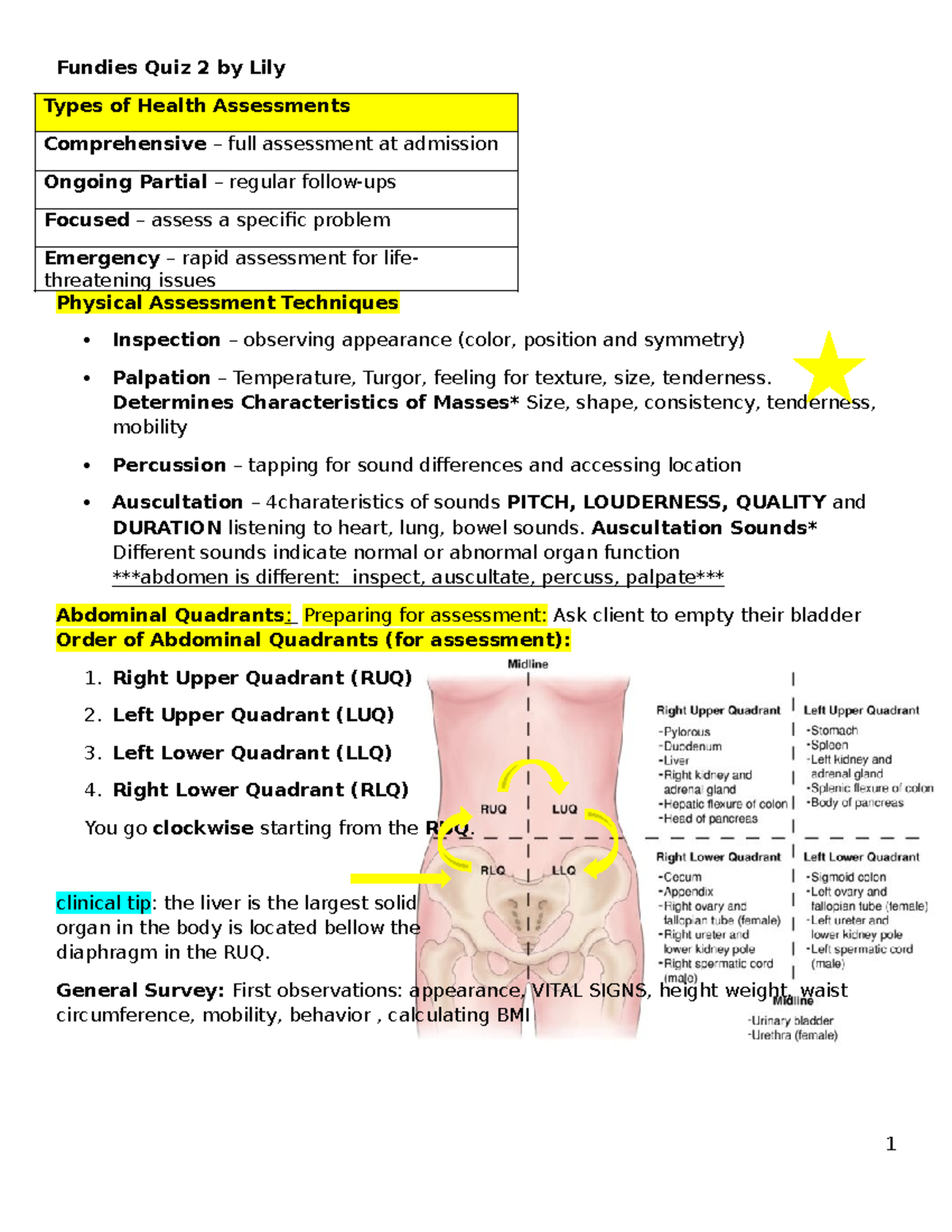 Fundies Quiz 2 - Types of Health Assessments and Techniques - Studocu