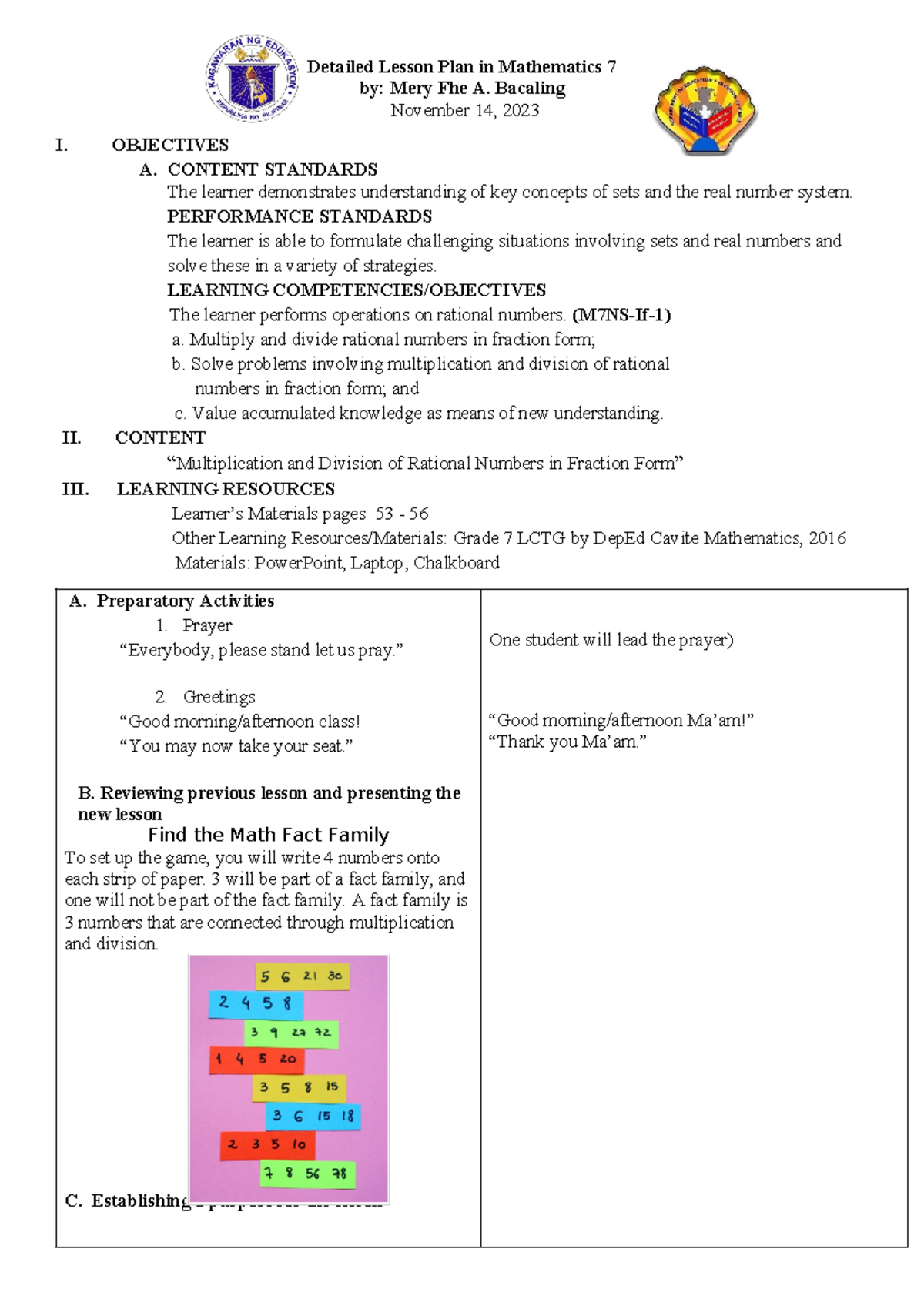 Daily Lesson PLAN (MATH 7) November 14, 2023 - Detailed Lesson Plan in ...