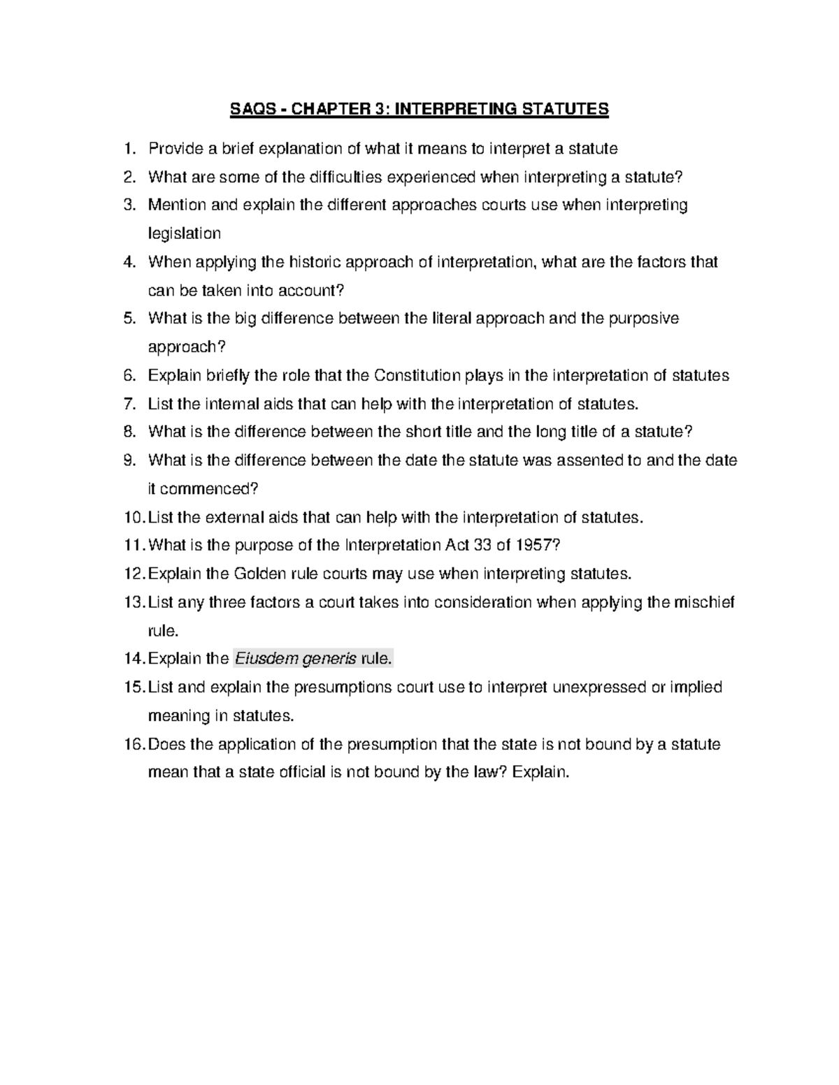 SAQS - Chapter 3 - Statutory Interpretation & Court Approaches - Studocu