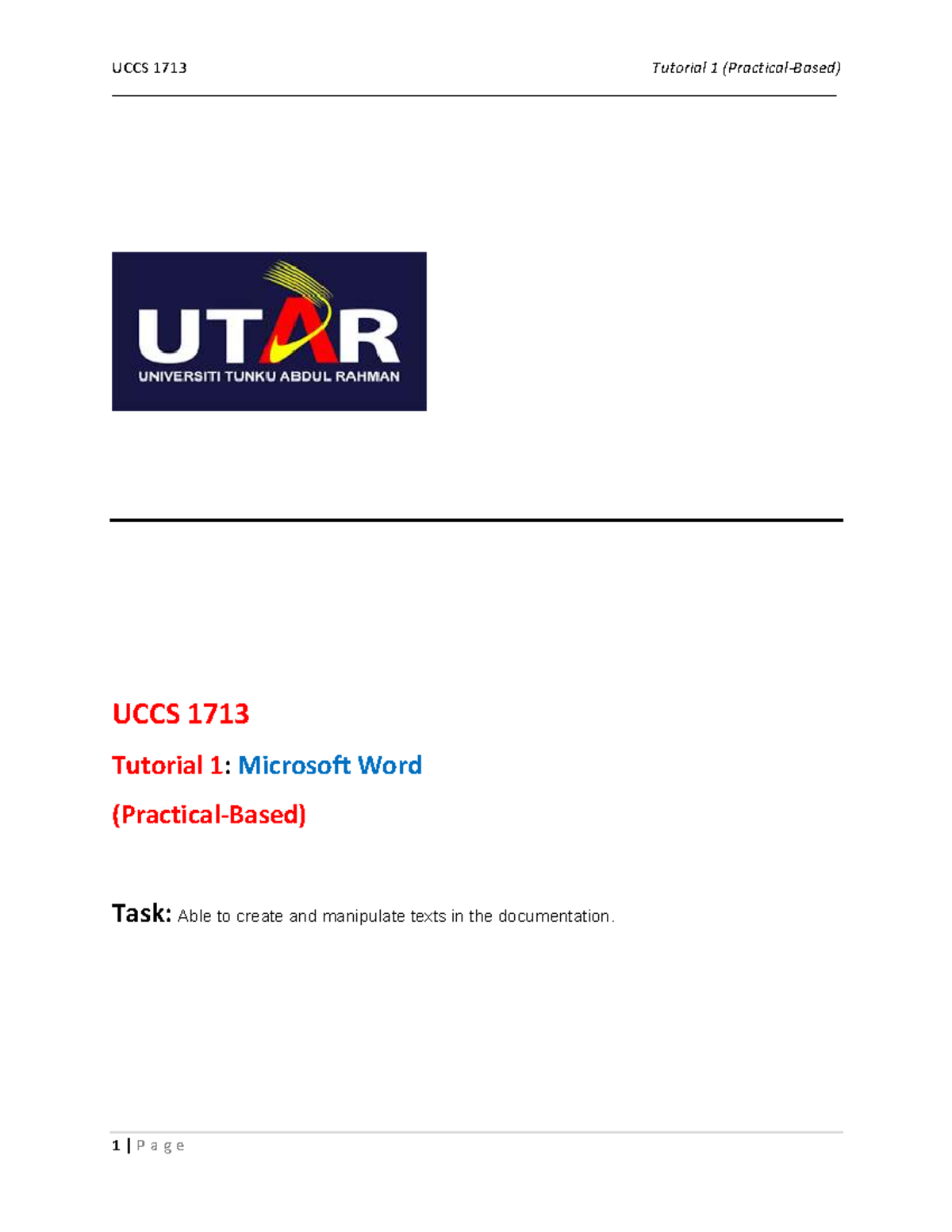 UCCS 1713 Tutorial 1: Microsoft Word Basics and Tasks Guide - Studocu