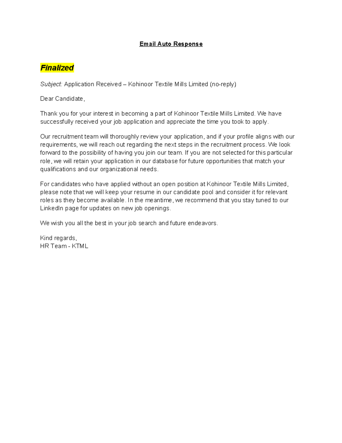 Email Auto Response - Application Received by Kohinoor Textile Mills ...