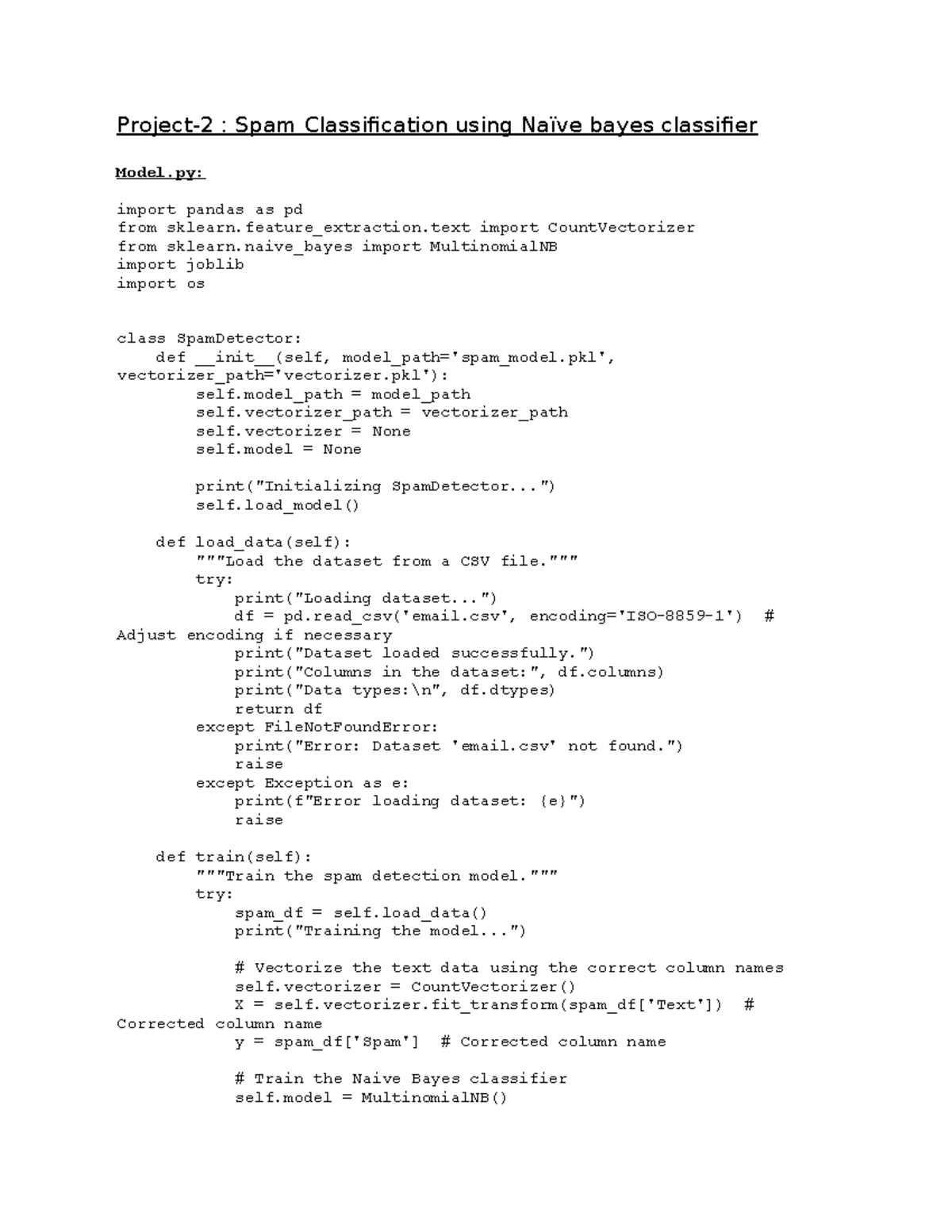 Project-2: Naïve Bayes Spam Classification Implementation - Studocu