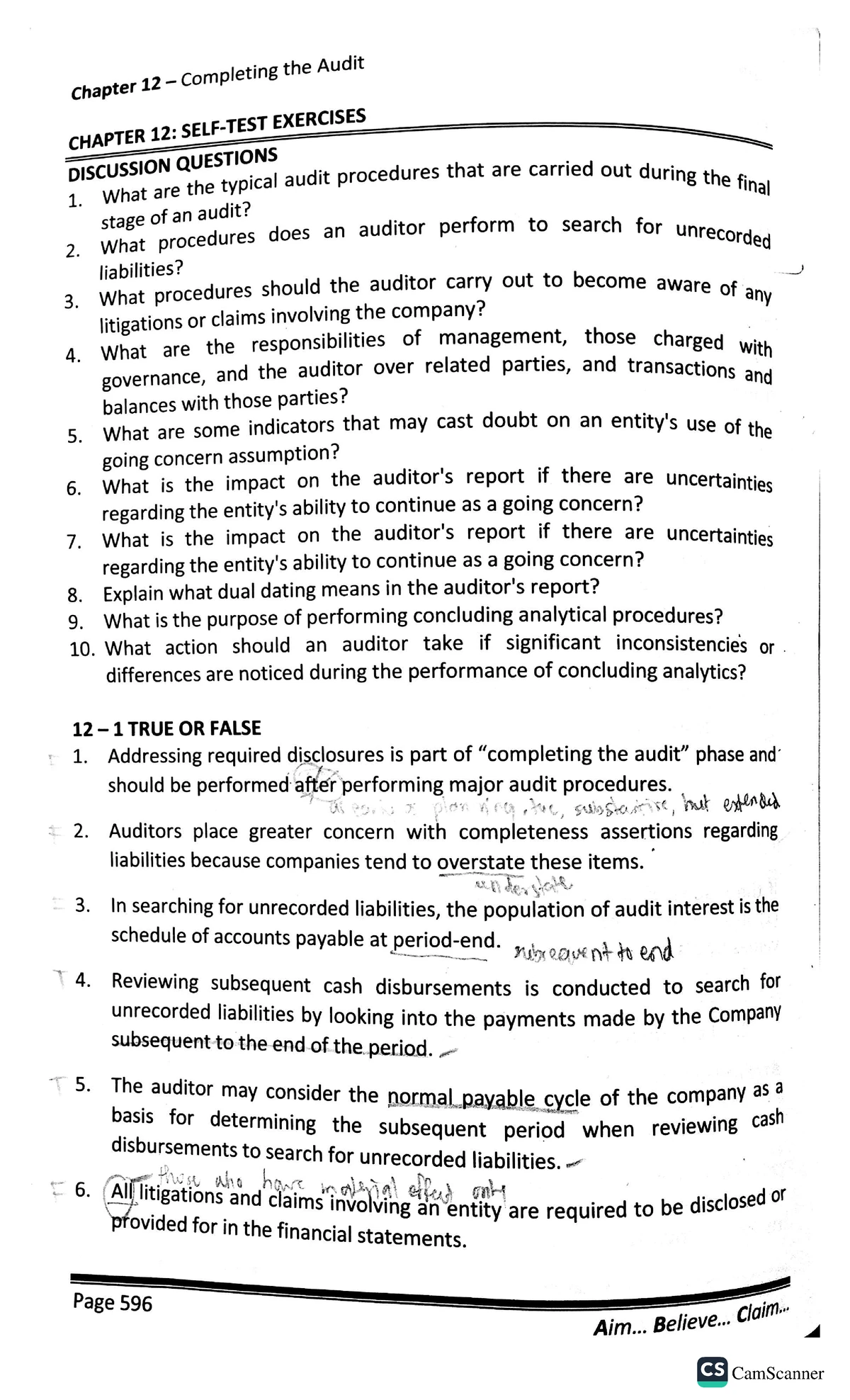 Chapter 12 Test Bank Auditing Practice Questions Chapter 12