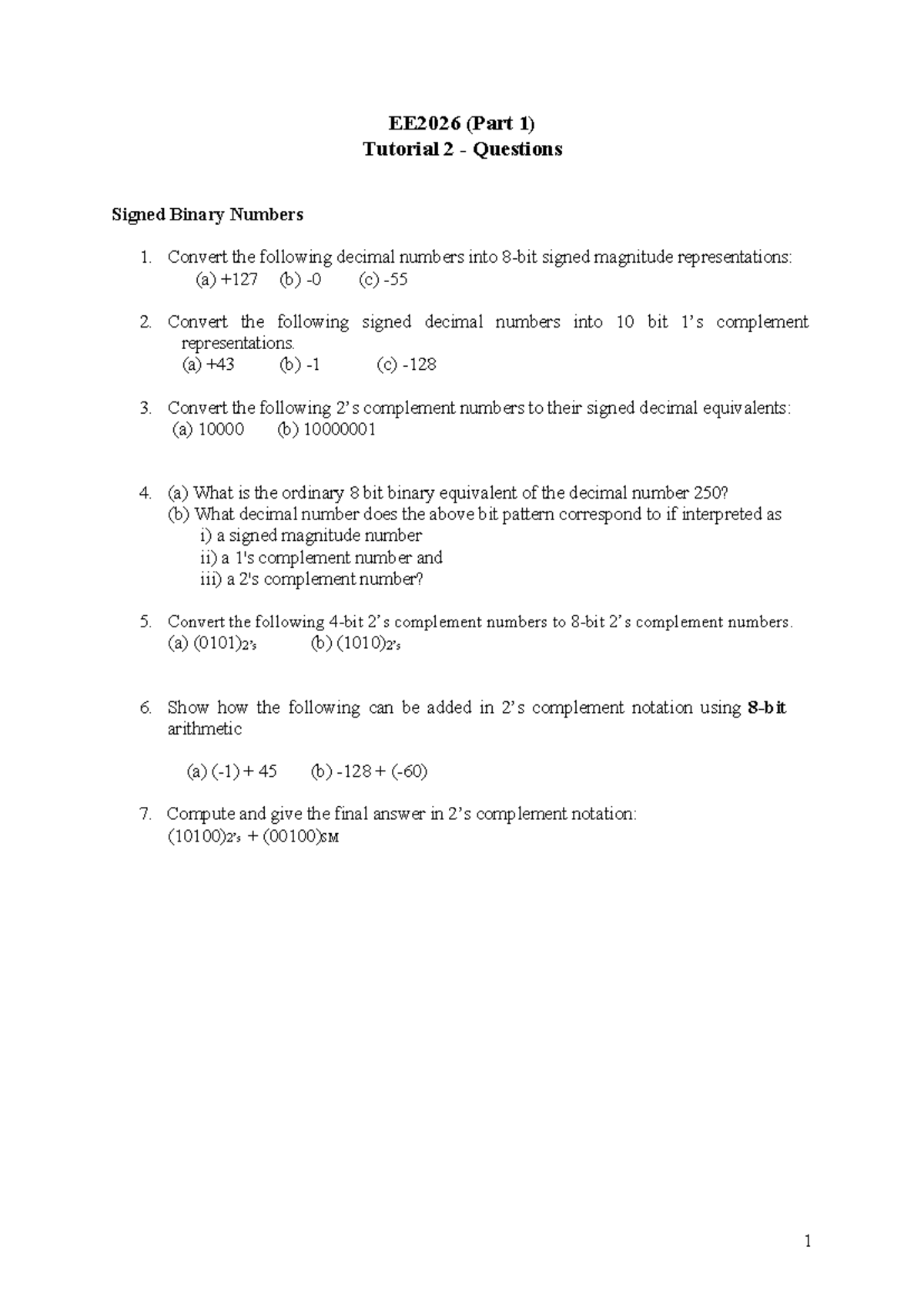 EE2026 P1 Tutorial 2: Signed Binary Numbers & Conversions - Studocu