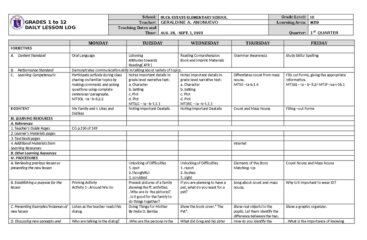 DLL MTB-3 Q1 W1 - DLL MTB-3 Q1 W1 - GRADES 1 to 12 DAILY LESSON LOG ...