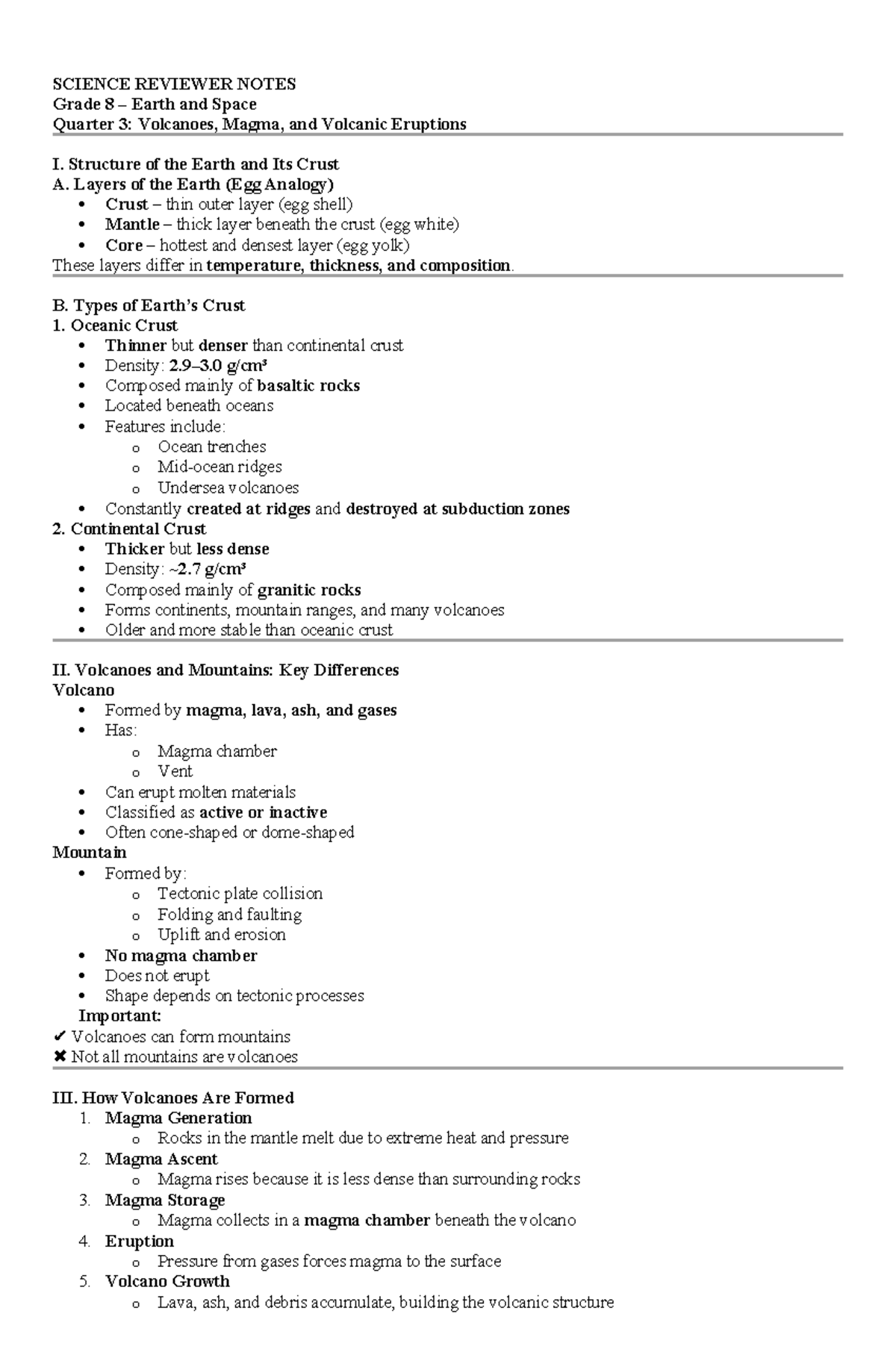 SCIENCE REVIEWER NOTES Grade 8: Earth & Space Q3 - Volcanoes & Magma ...