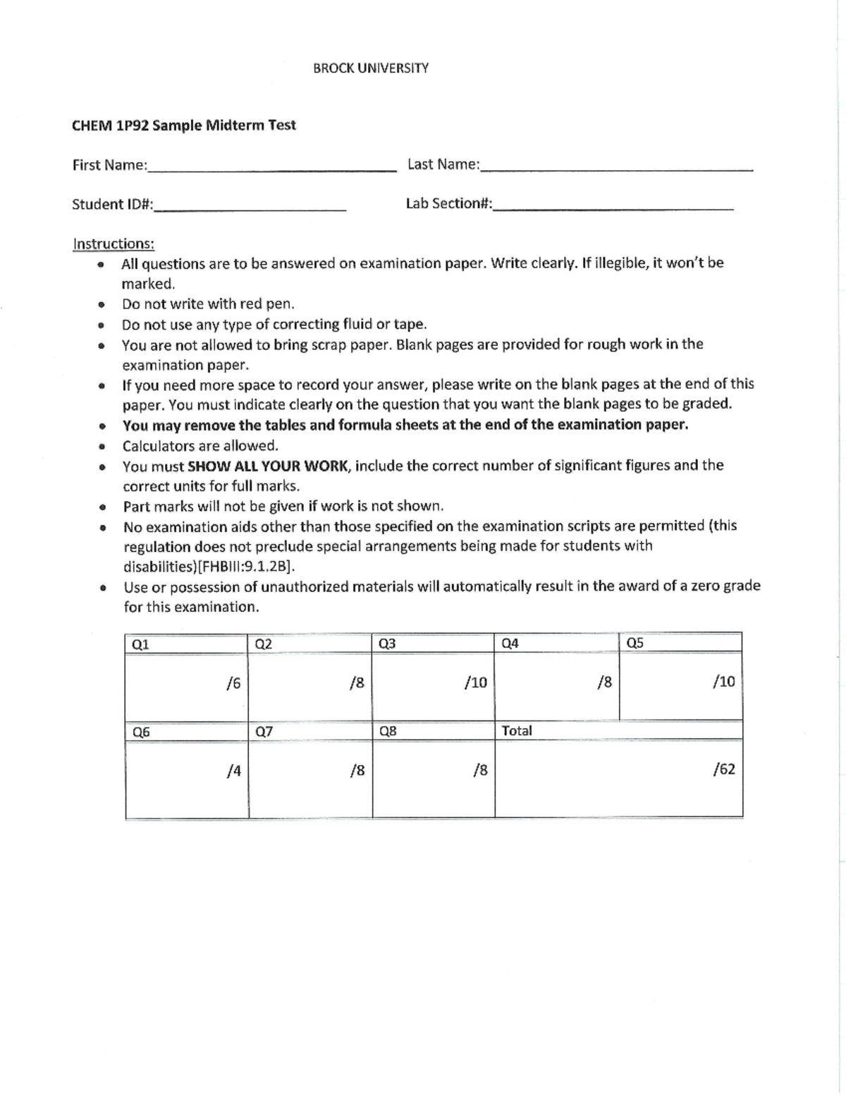 Sample CHEM 1P92 Midterm Exam with Solutions and Key Concepts - Studocu