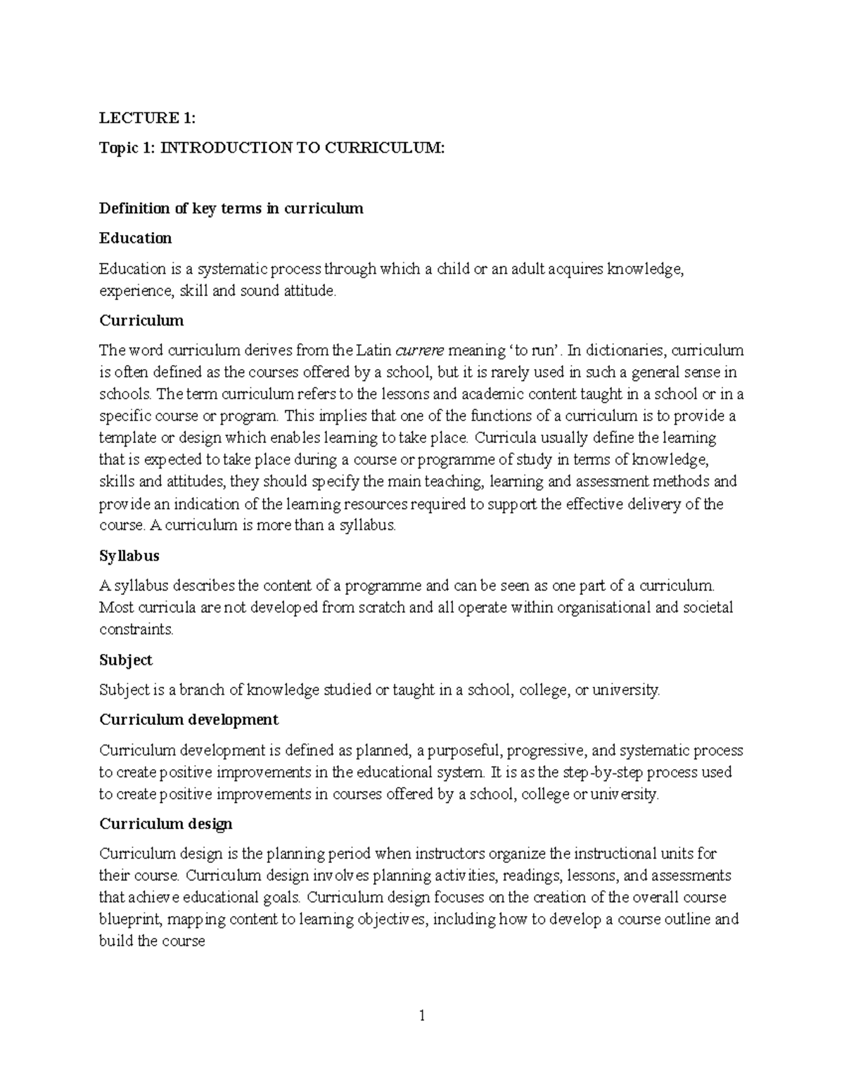 Lesson 1 Introduction TO Curriculum - LECTURE 1: Topic 1: INTRODUCTION ...