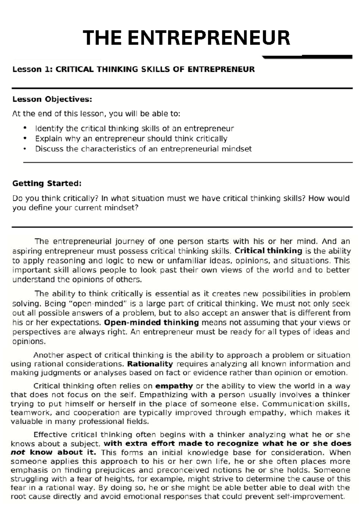 ENTR 101: Lesson 1 - Critical Thinking Skills for Entrepreneurs - Studocu