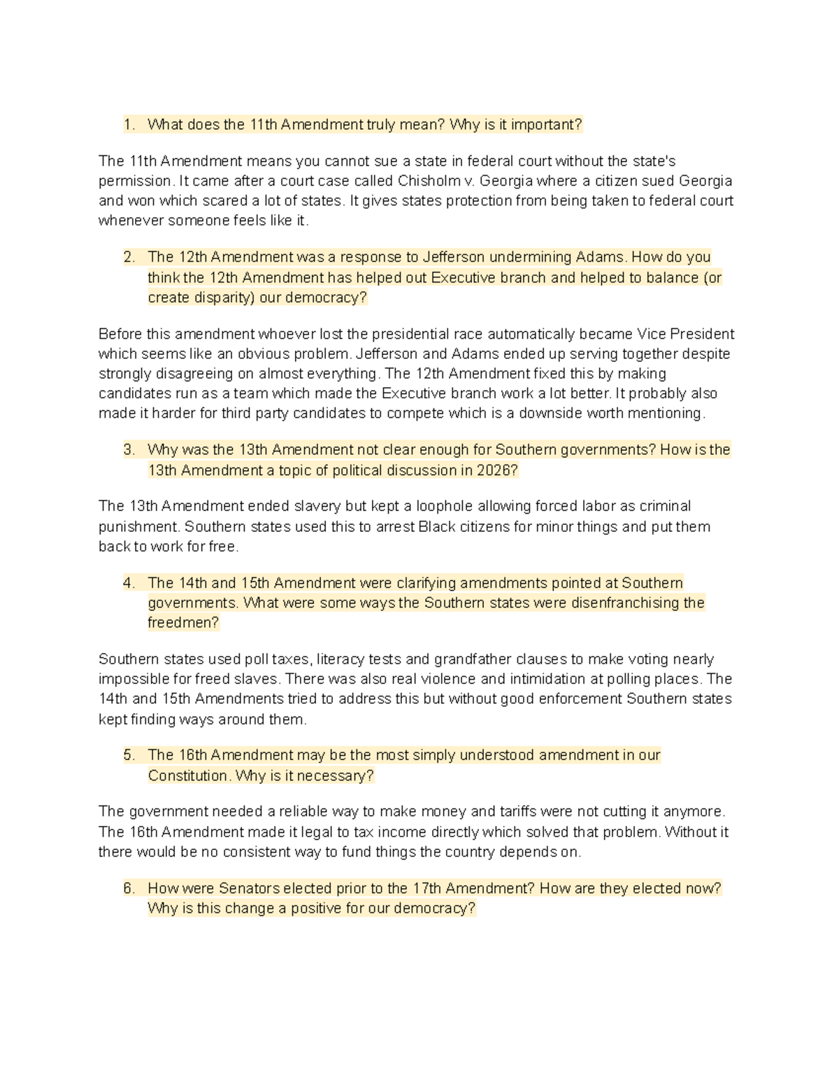 Amendment Qs: Understanding the 11th to 17th Amendments - Studocu