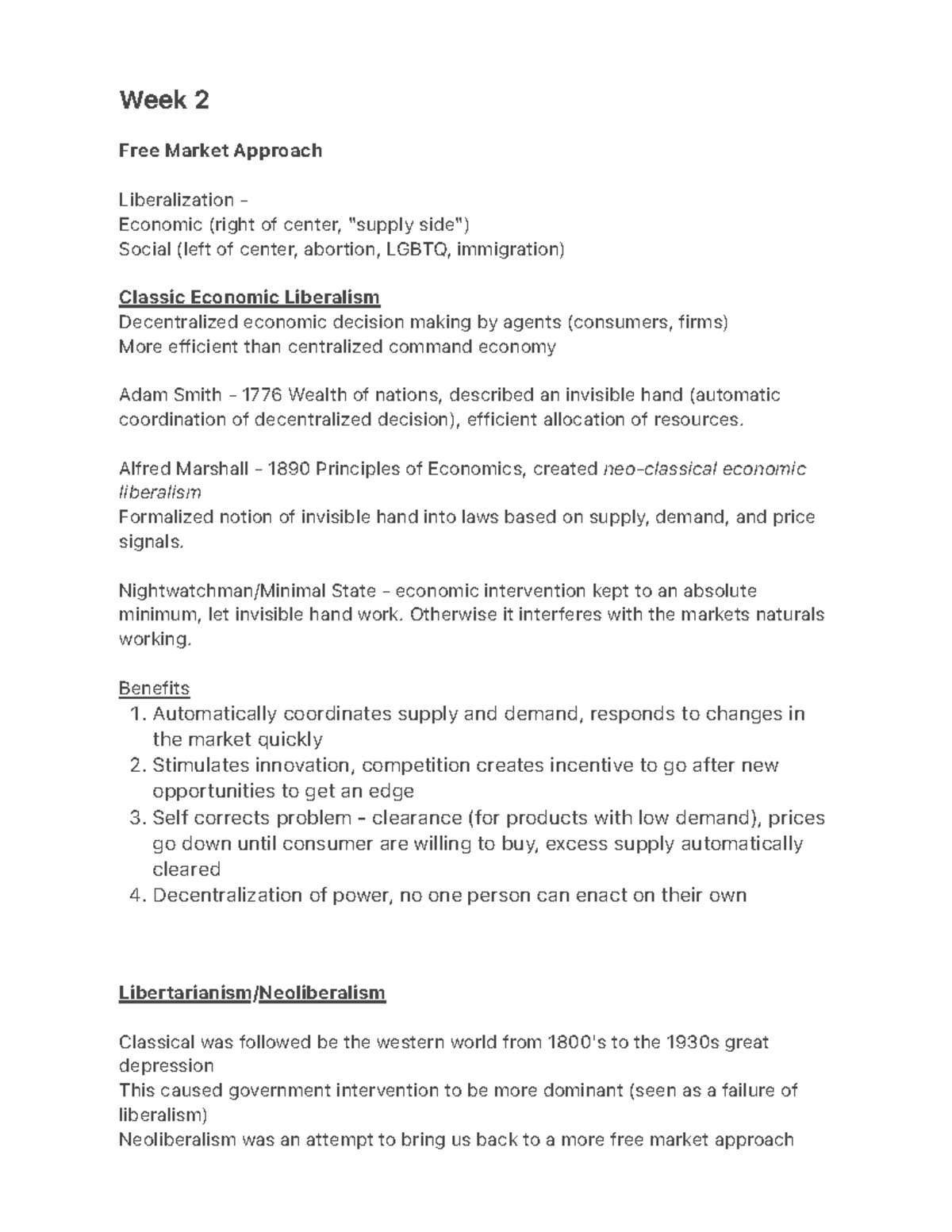 Week 2 - Lecture Notes on Economic Liberalism and Free Markets - Studocu
