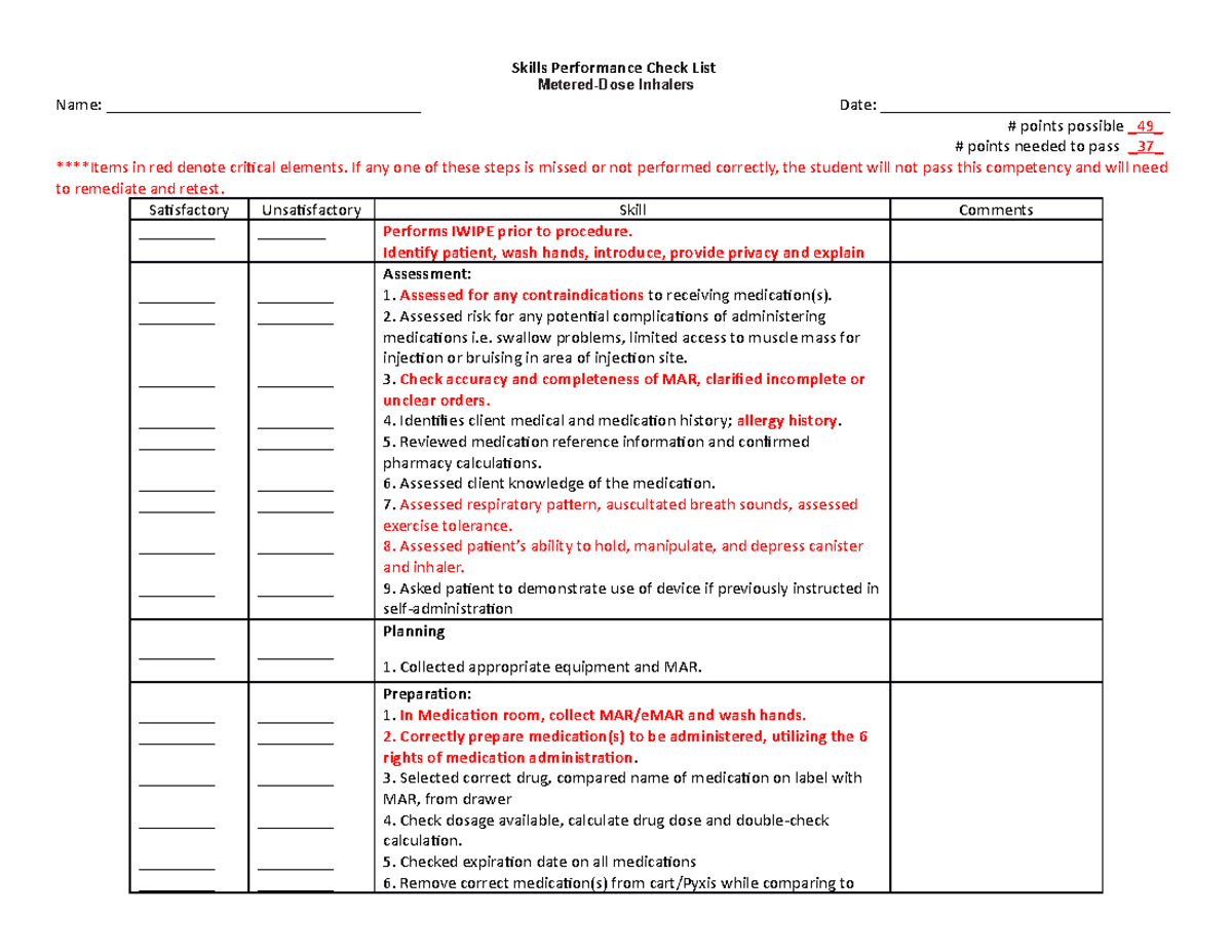 Skills Performance Checklist for Metered Dose Inhaler Use - Studocu