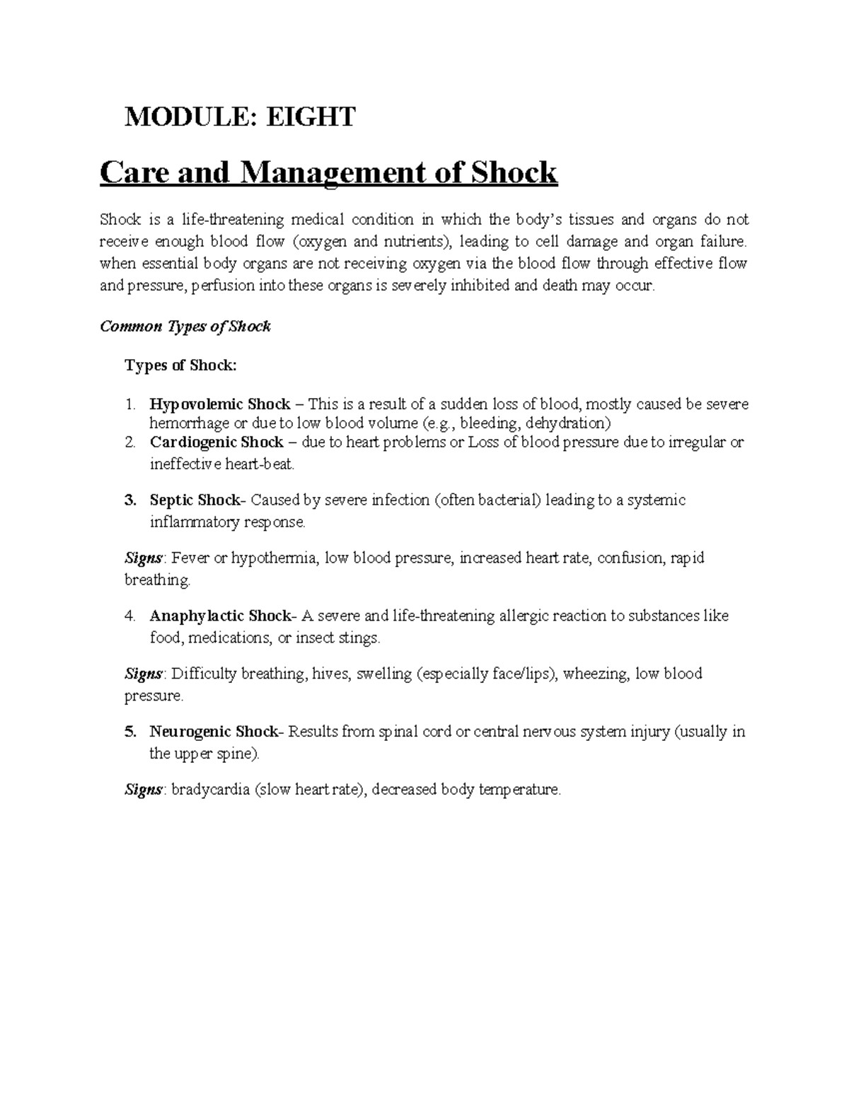 MODULE 111: Care and Management of Shock and Bleeding - Studocu