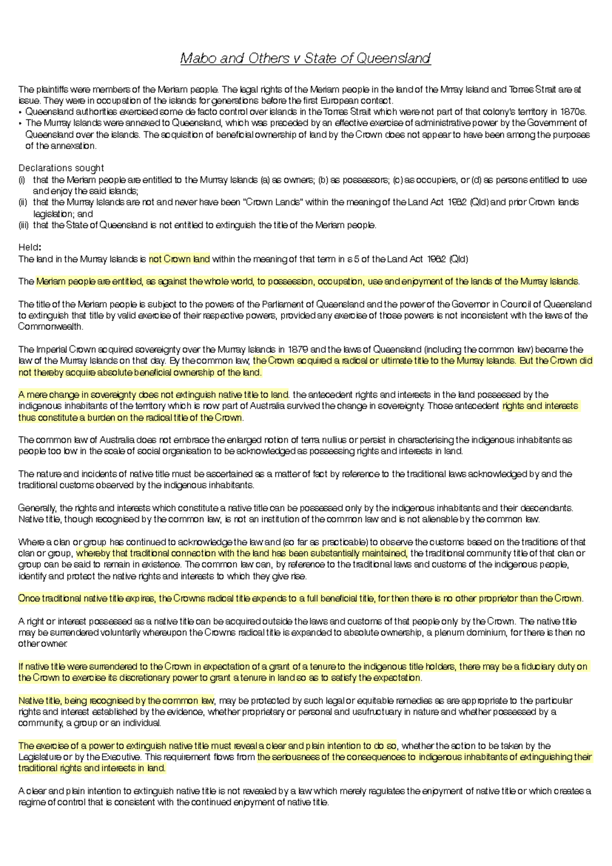 Property - Case Notes on Native Title in Mabo v Queensland (No. 2 ...