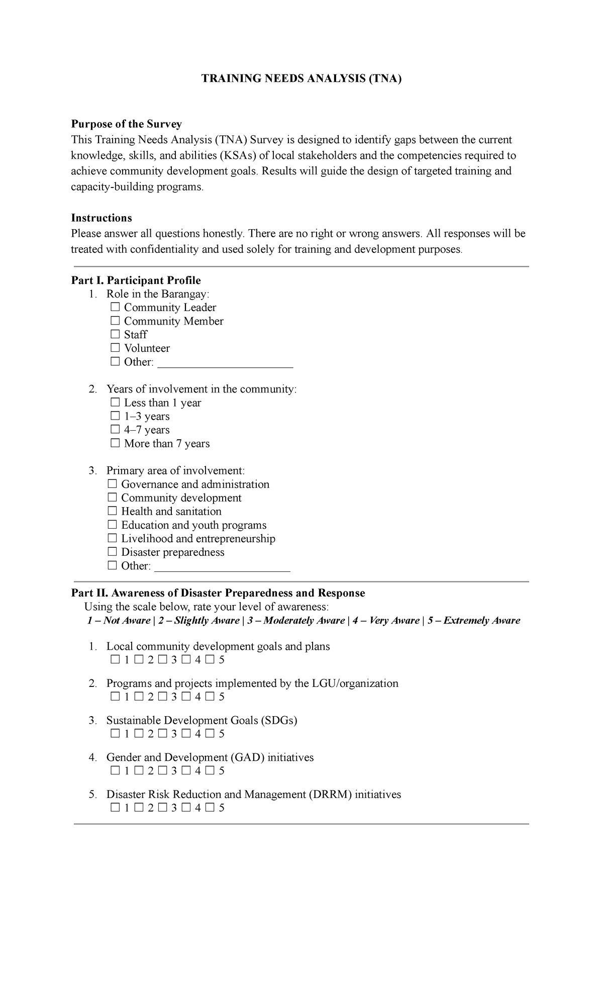 Training Needs Analysis (TNA) Survey for Community Development - Studocu
