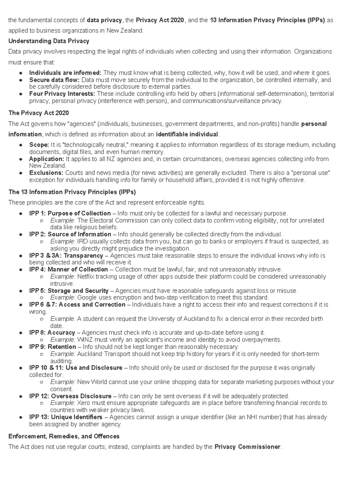 Com Law Notes: Data Privacy, Privacy Act 2020 & IPPs in NZ - Studocu