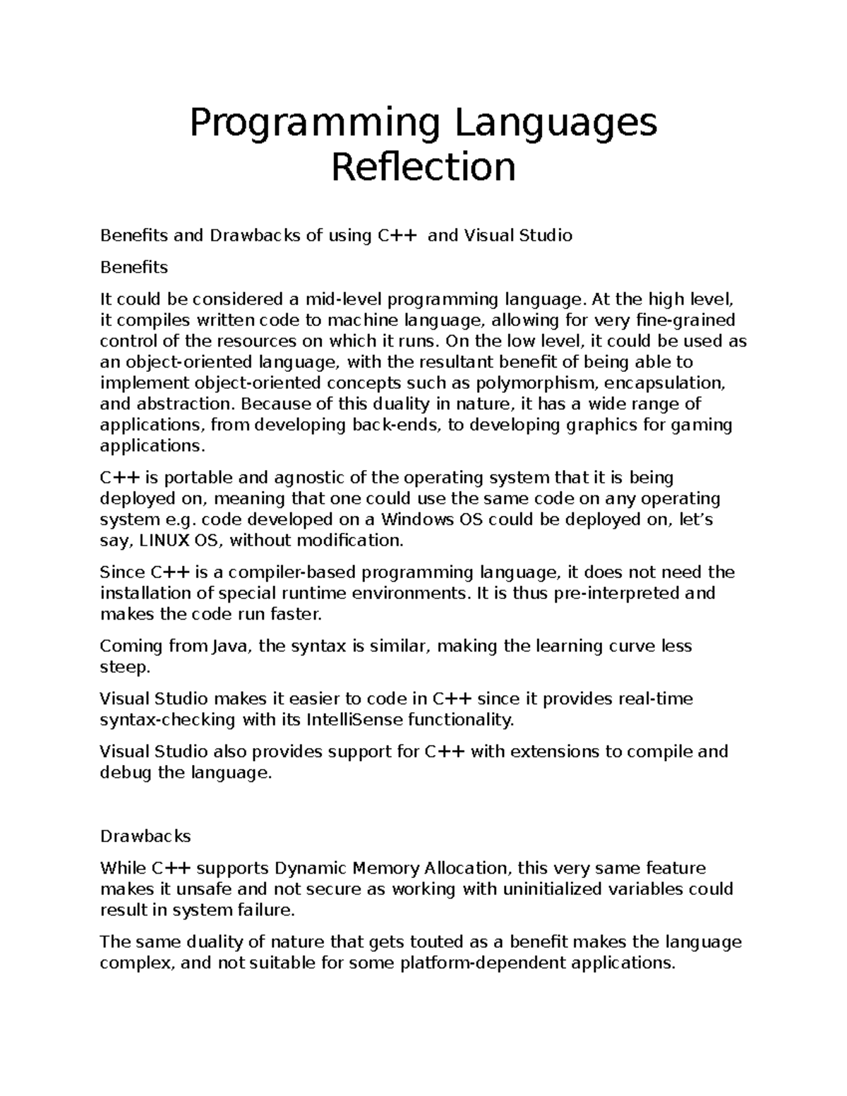 CS-210 Module 1 Assignment: Reflection on Programming Languages - Studocu